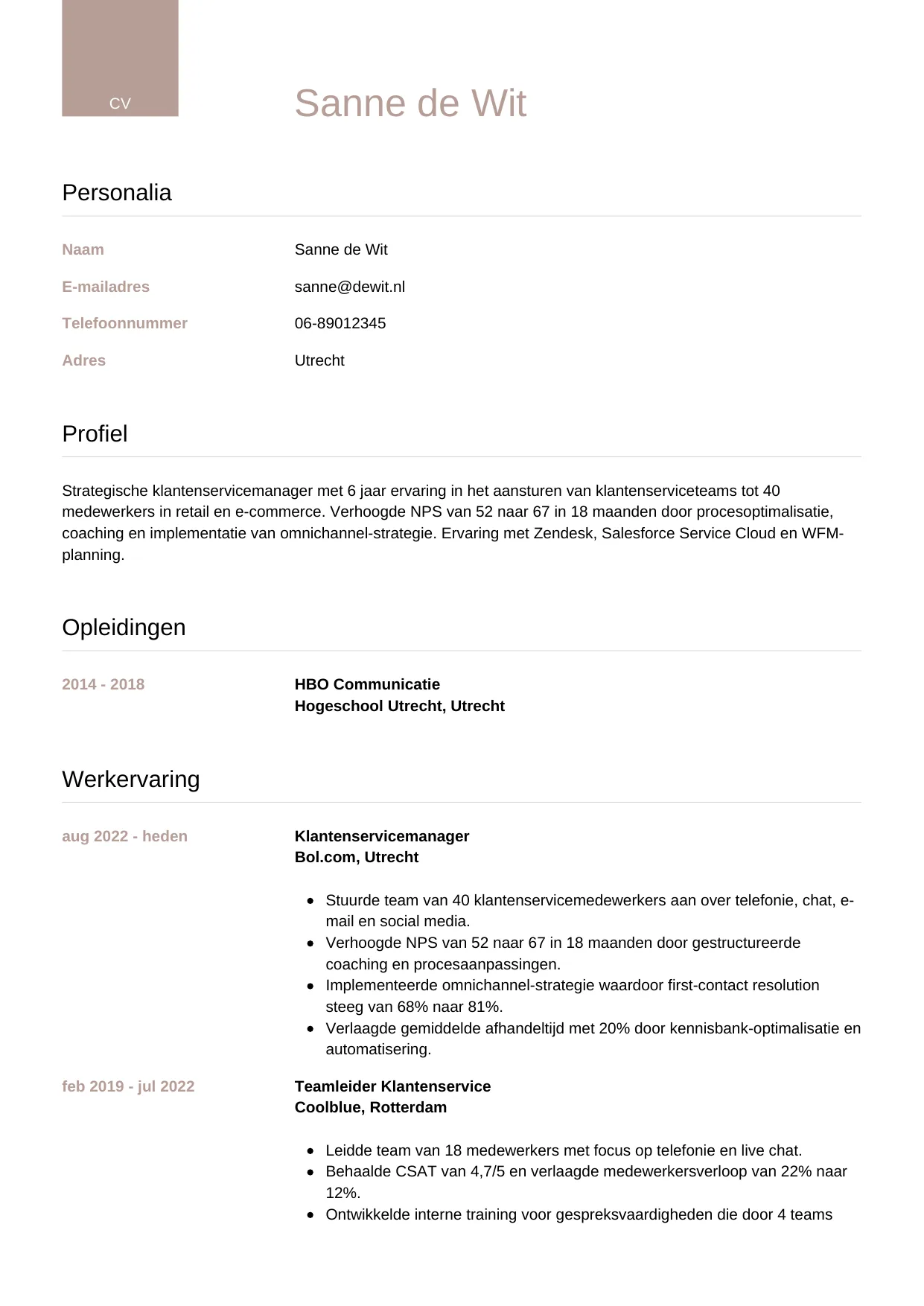 CV Luxe voor klantenservicemanager