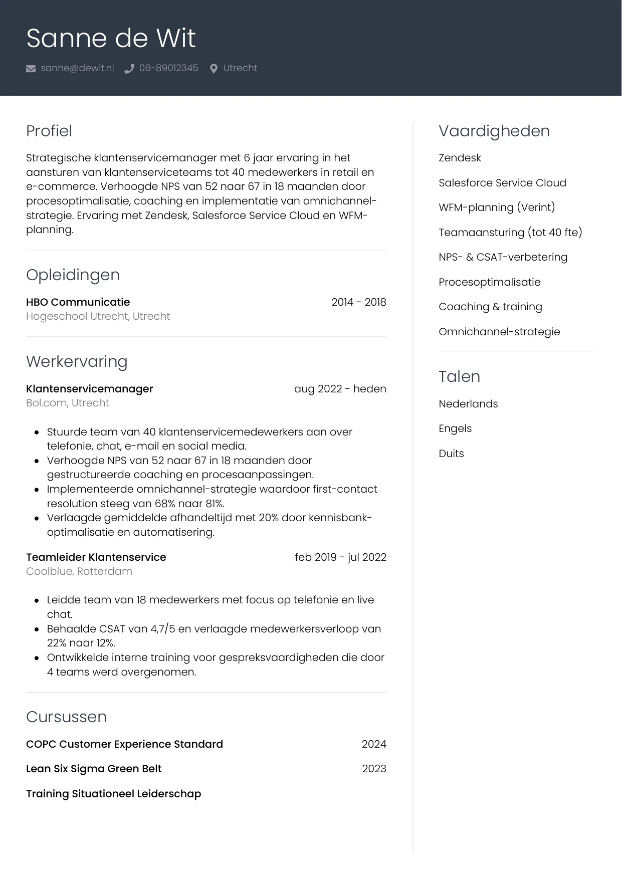 CV Professioneel voor klantenservicemanager