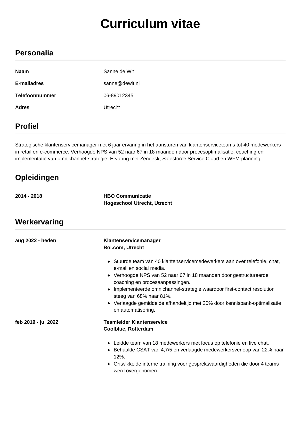 CV Simpel voor klantenservicemanager