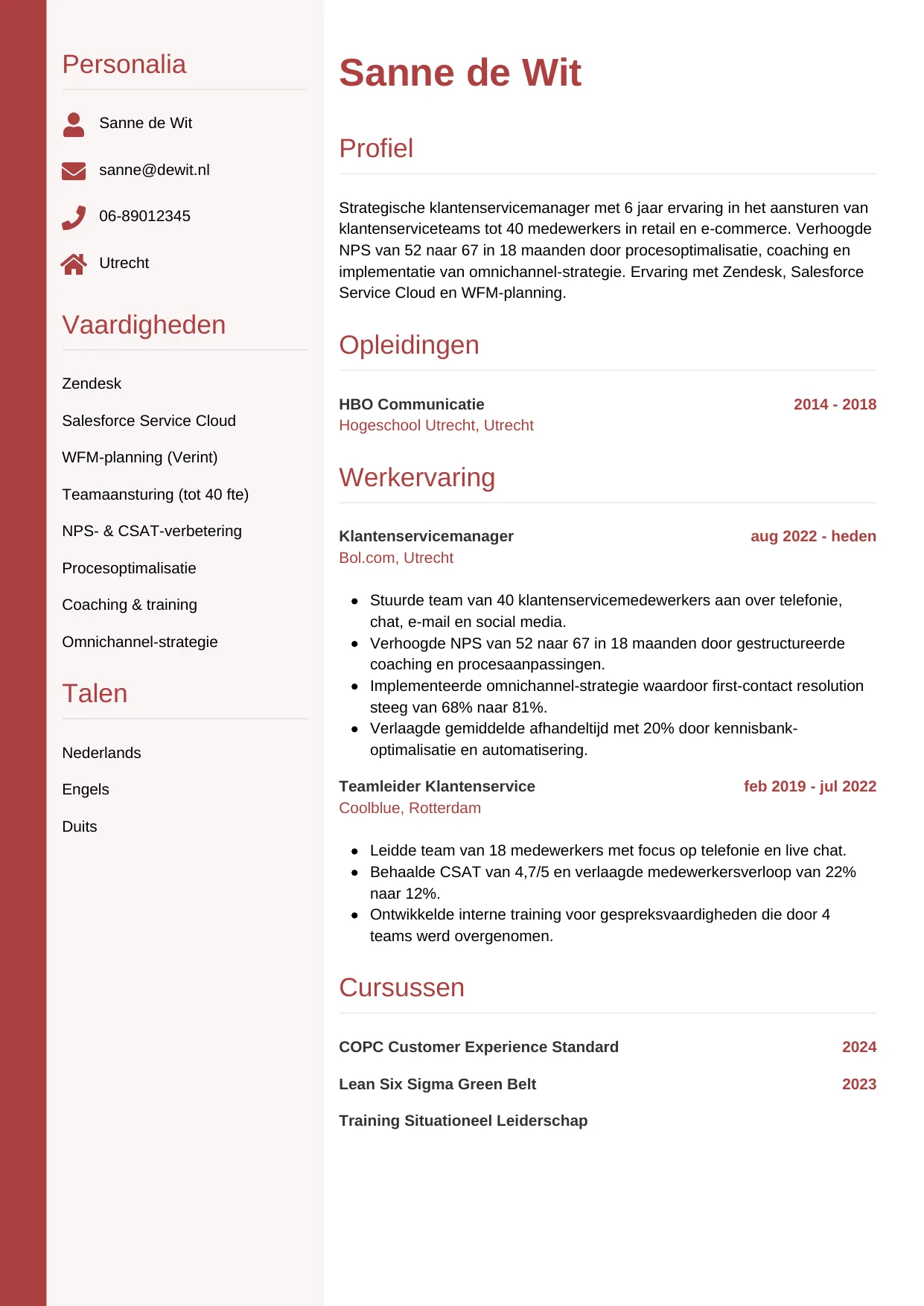 CV Verticaal voor klantenservicemanager
