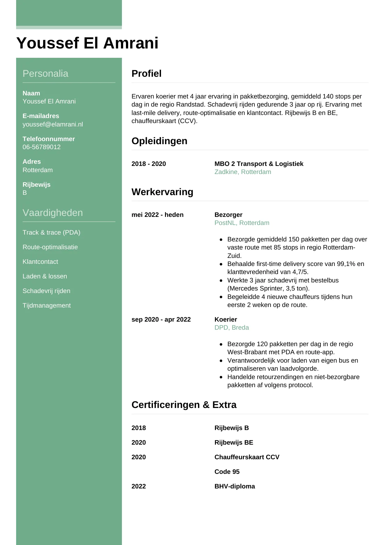 Voorbeeld CV voor koerier in template Casual. CV Casual voor koerier