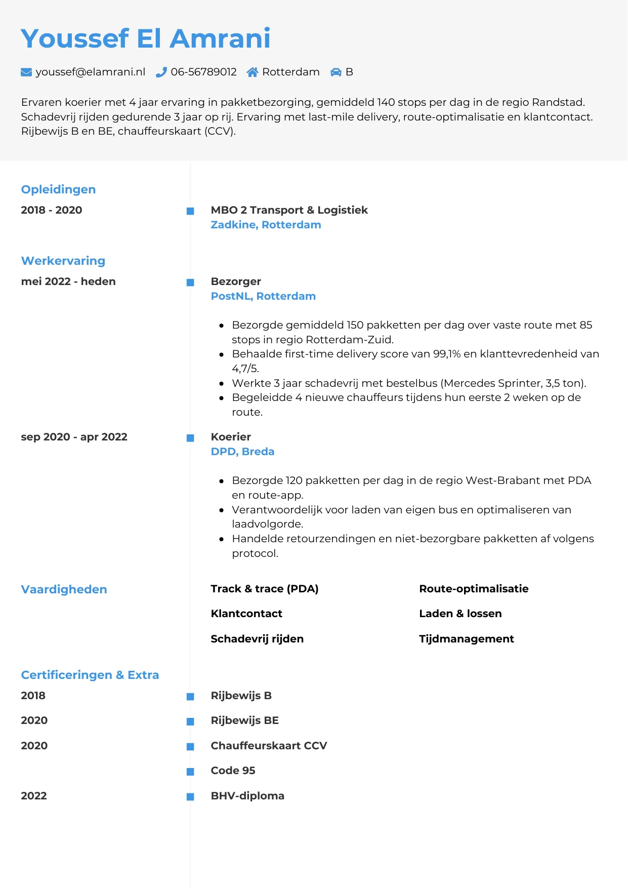 Voorbeeld CV voor koerier in template Chrono. CV Chrono voor koerier