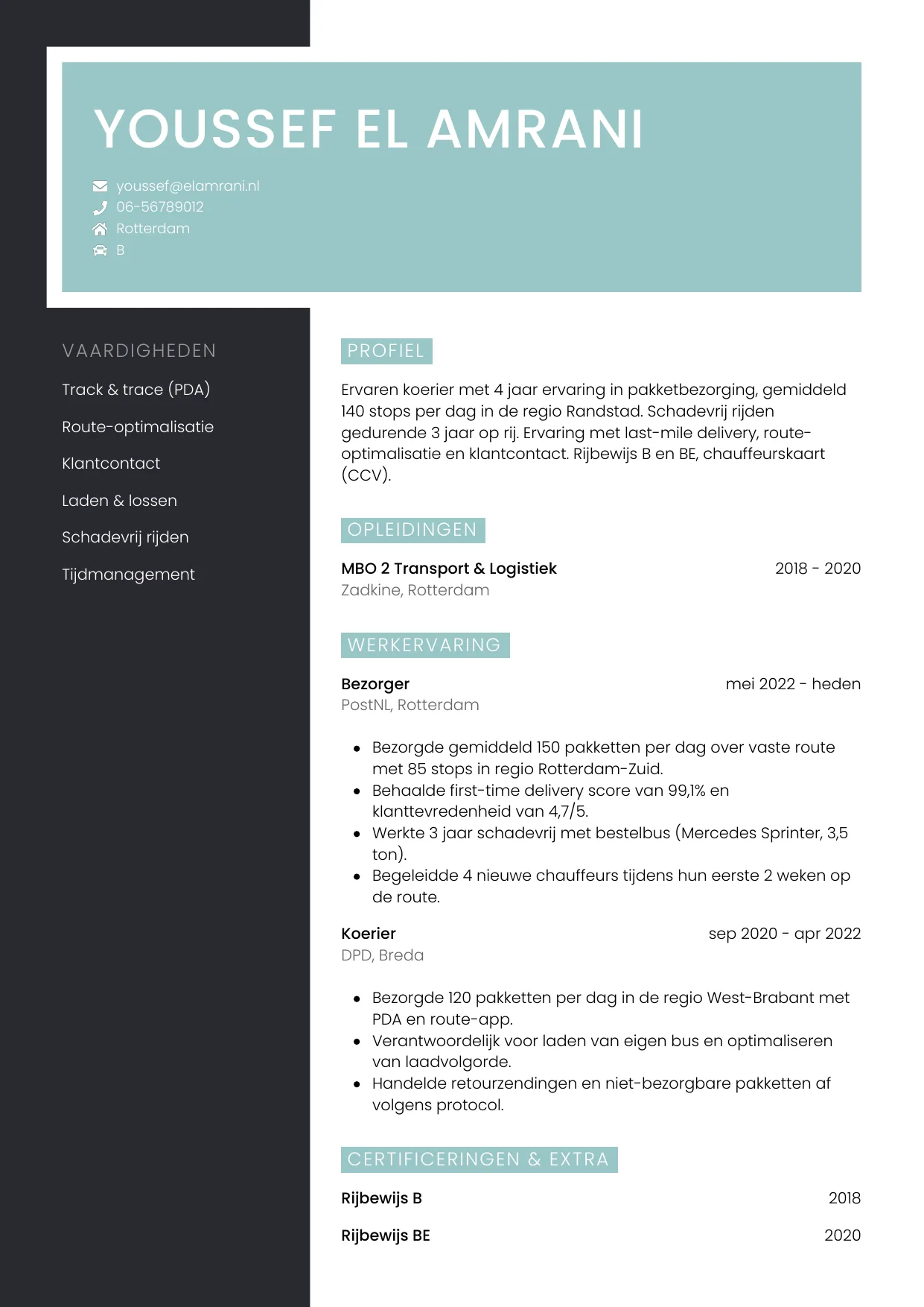 Voorbeeld CV voor koerier in template Elegant. CV Elegant voor koerier