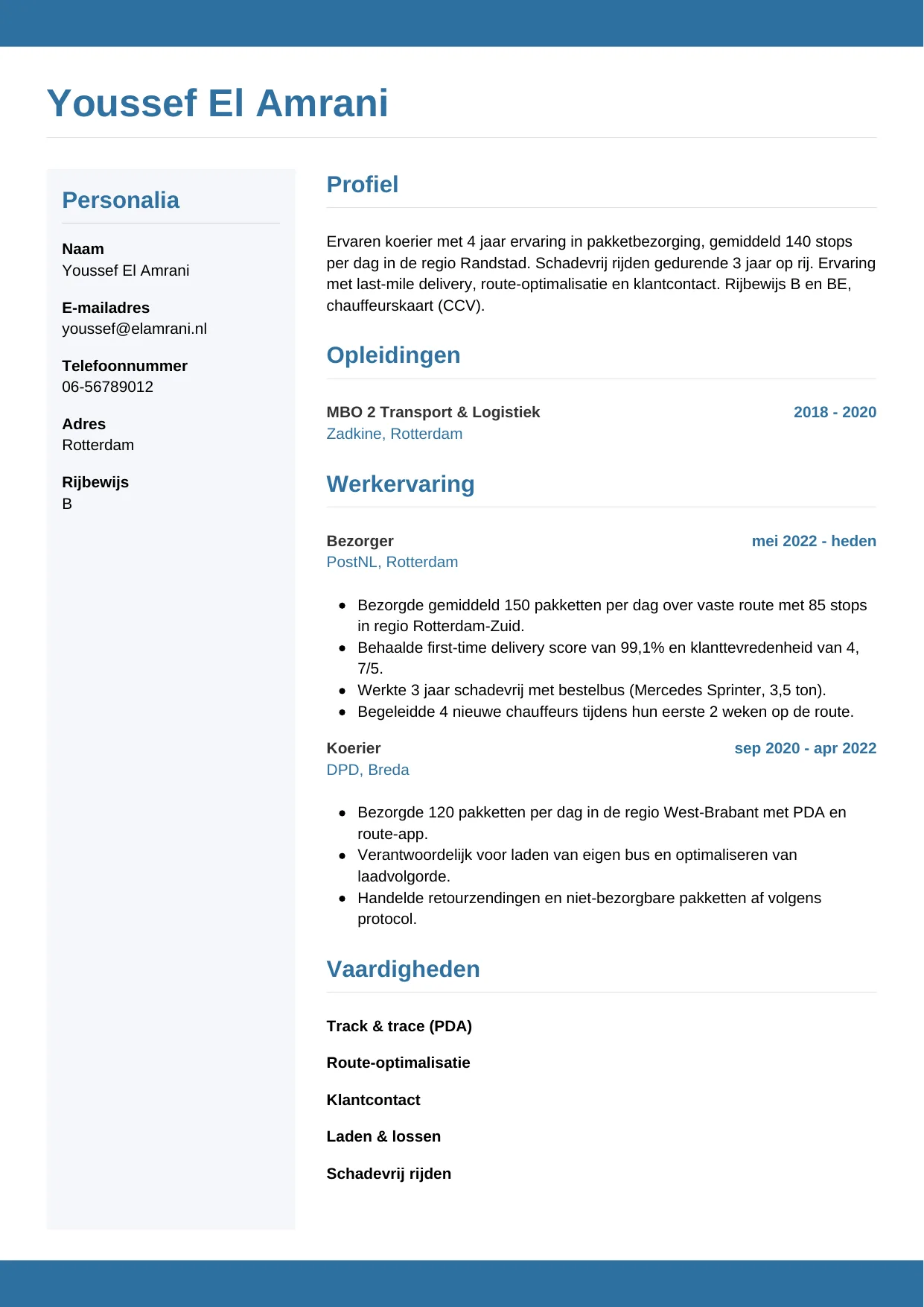 Voorbeeld CV voor koerier in template Horizontaal. CV Horizontaal voor koerier