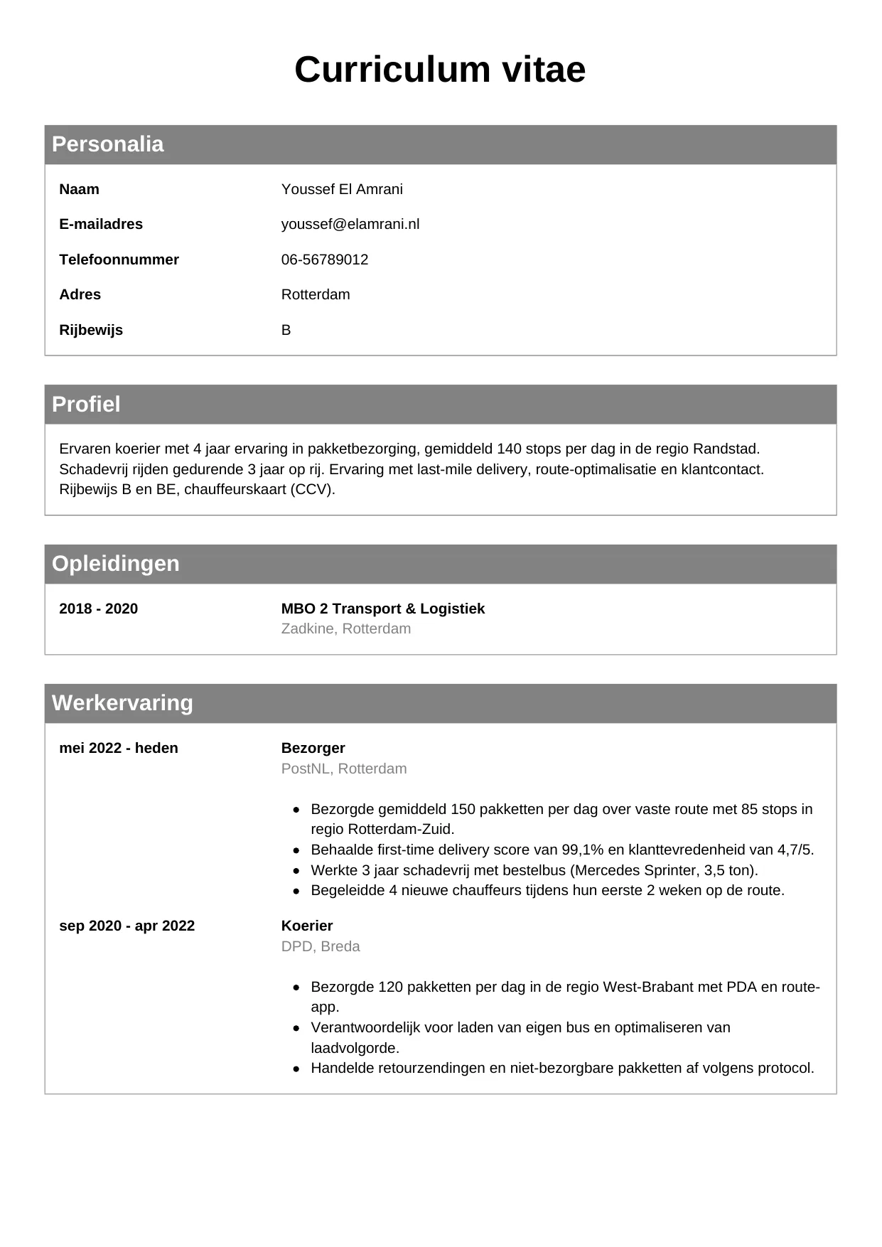 Voorbeeld CV voor koerier in template Klassiek. CV Klassiek voor koerier