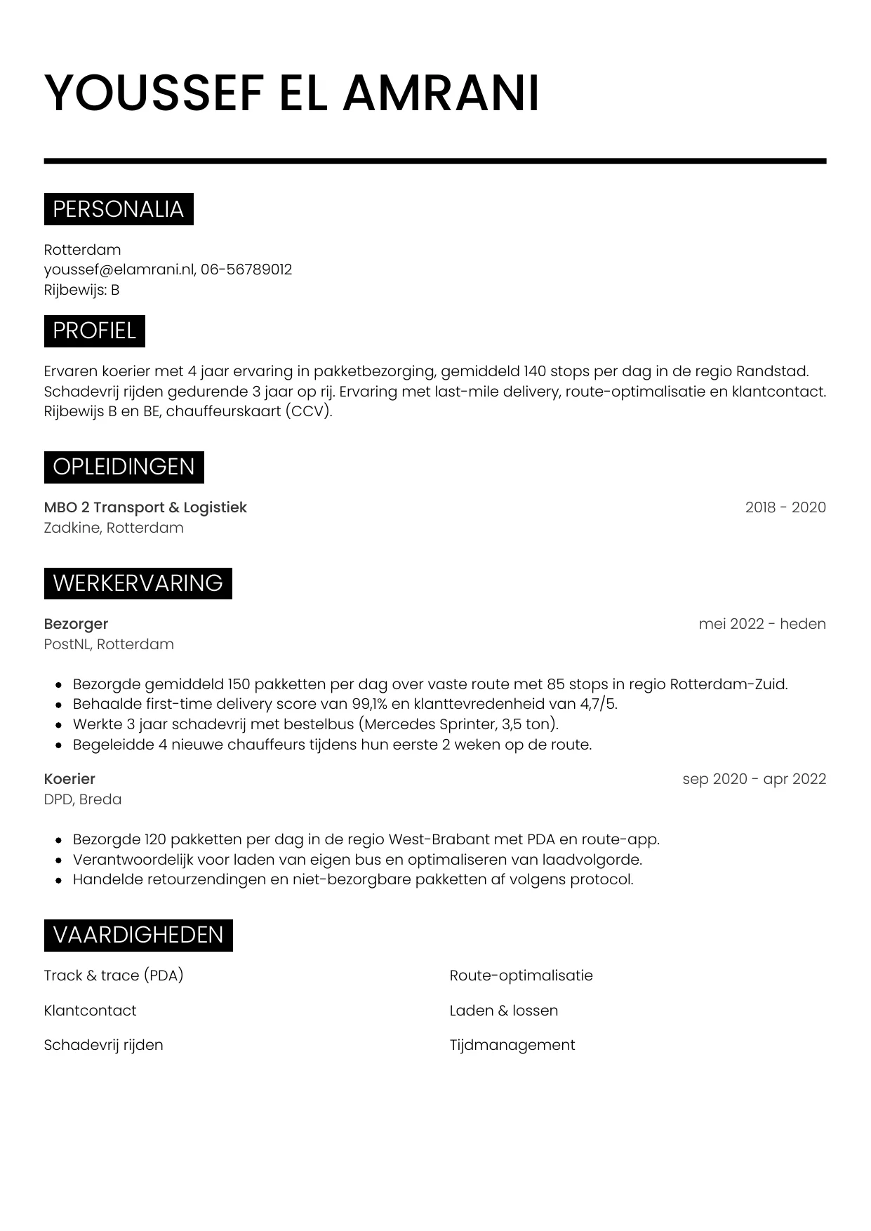 Voorbeeld CV voor koerier in template Metro. CV Metro voor koerier