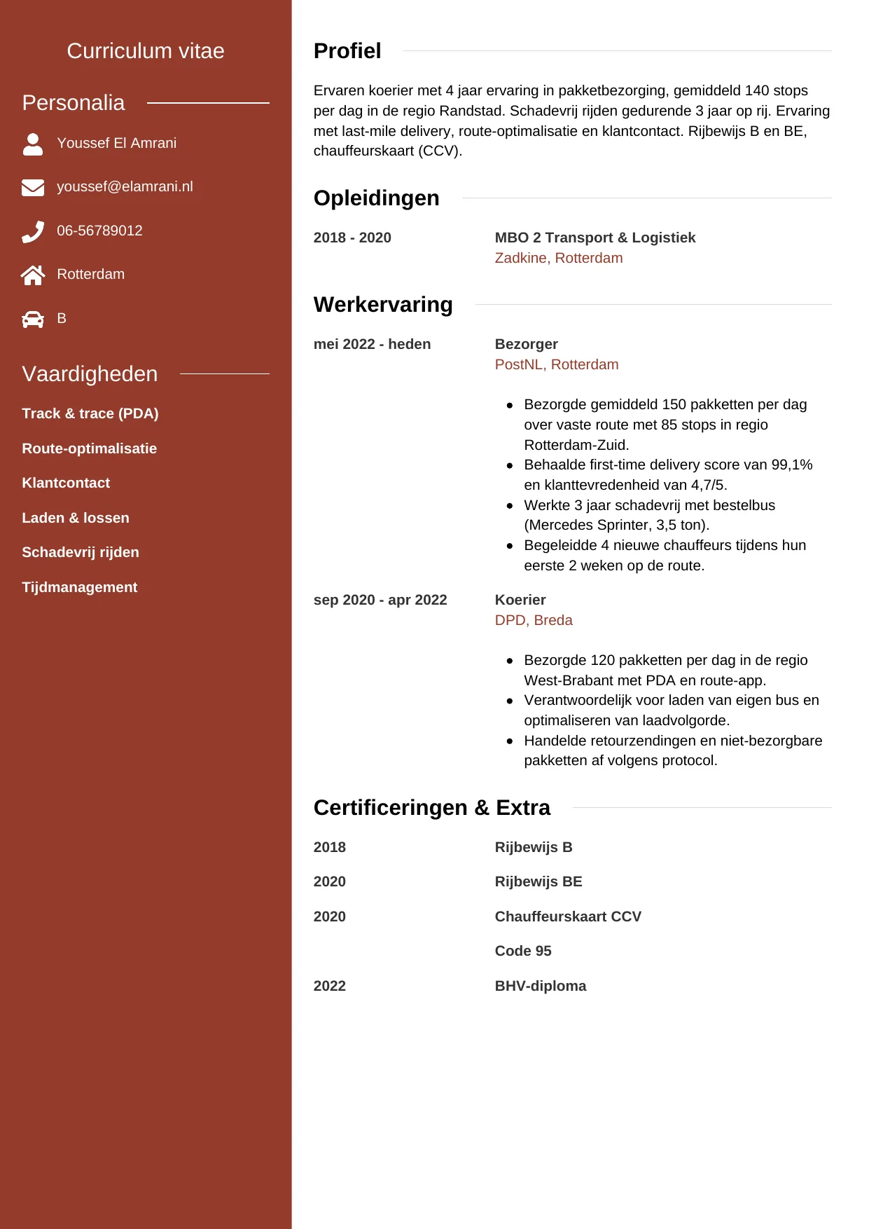 Voorbeeld CV voor koerier in template Modern. CV Modern voor koerier