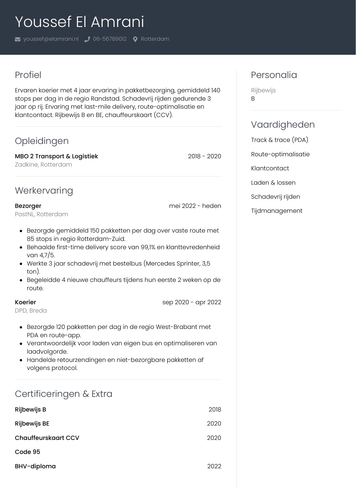 Voorbeeld CV voor koerier in template Professioneel. CV Professioneel voor koerier