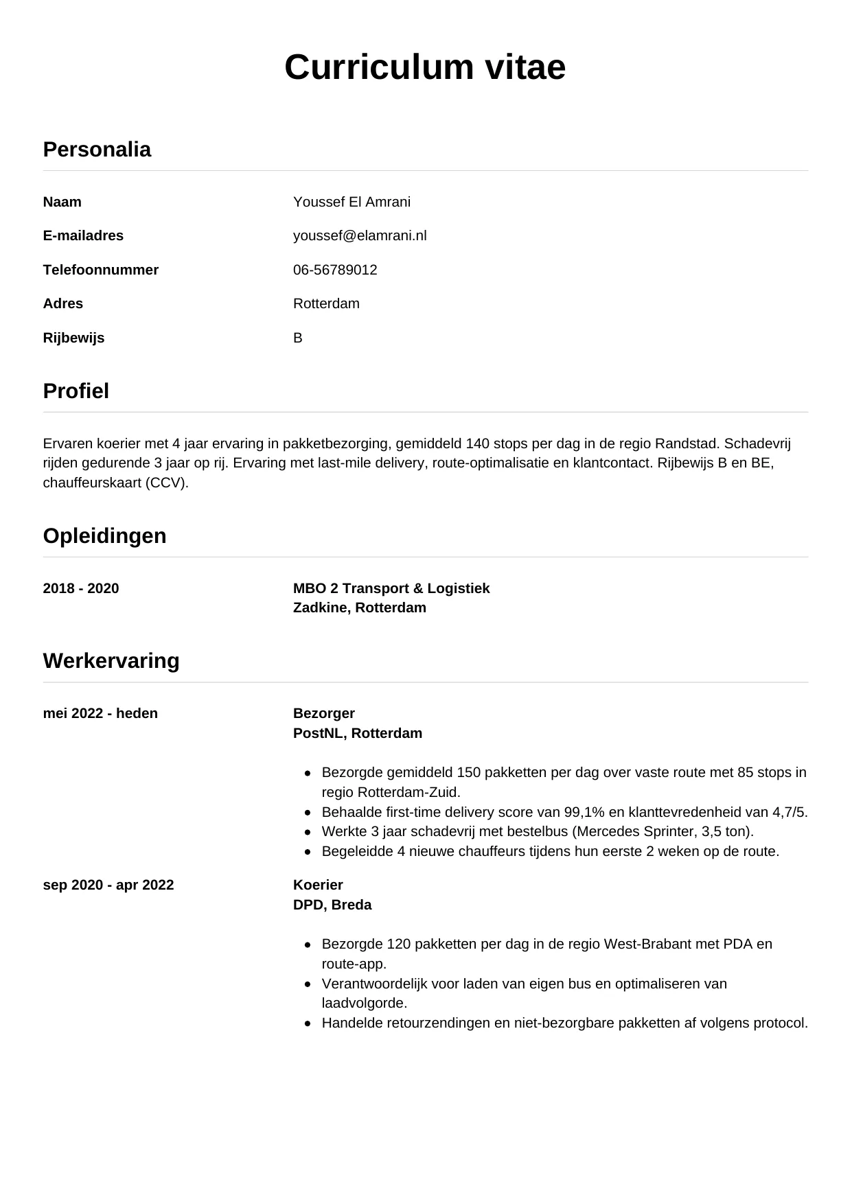 Voorbeeld CV voor koerier in template Simpel. CV Simpel voor koerier