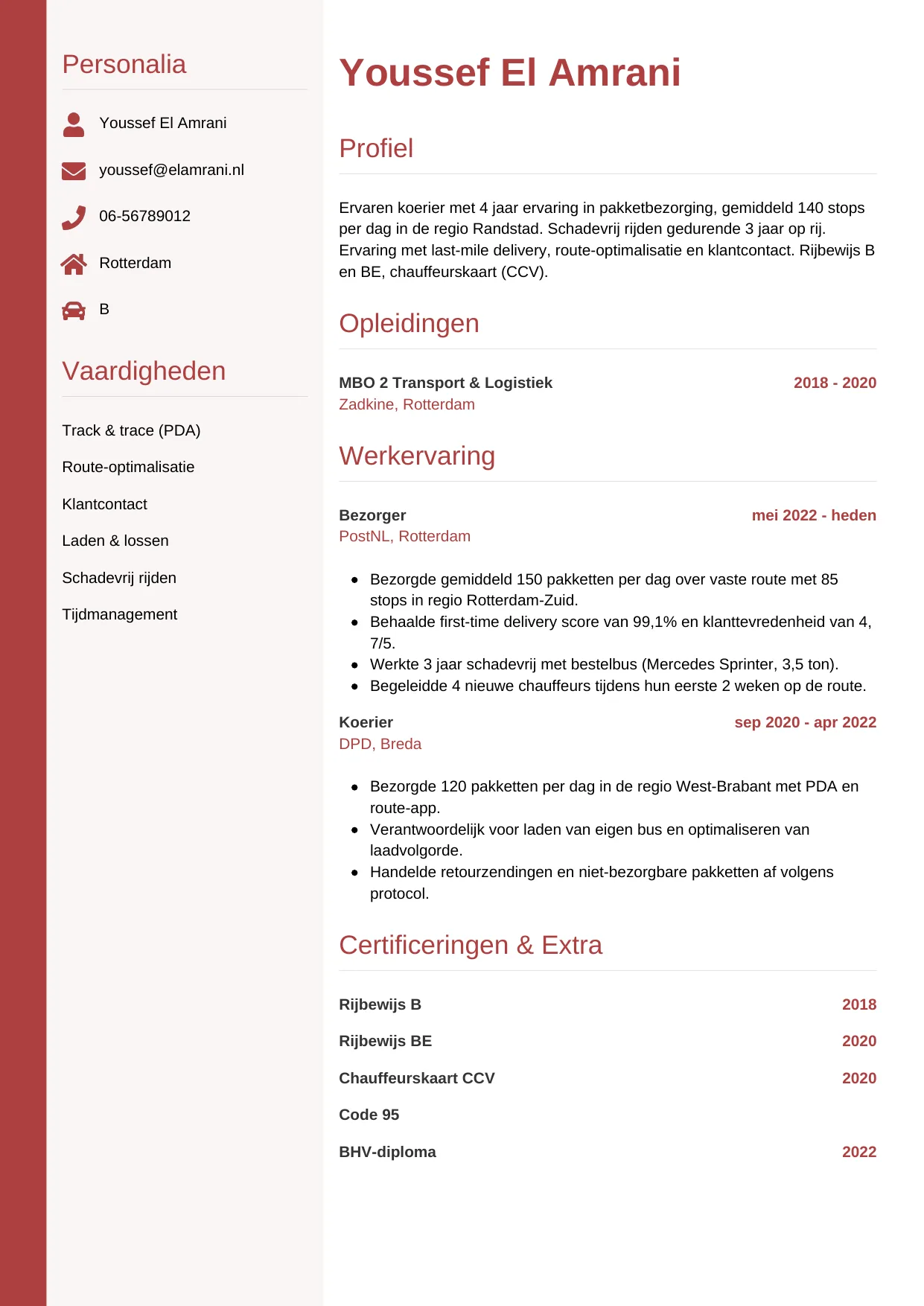 Voorbeeld CV voor koerier in template Verticaal. CV Verticaal voor koerier