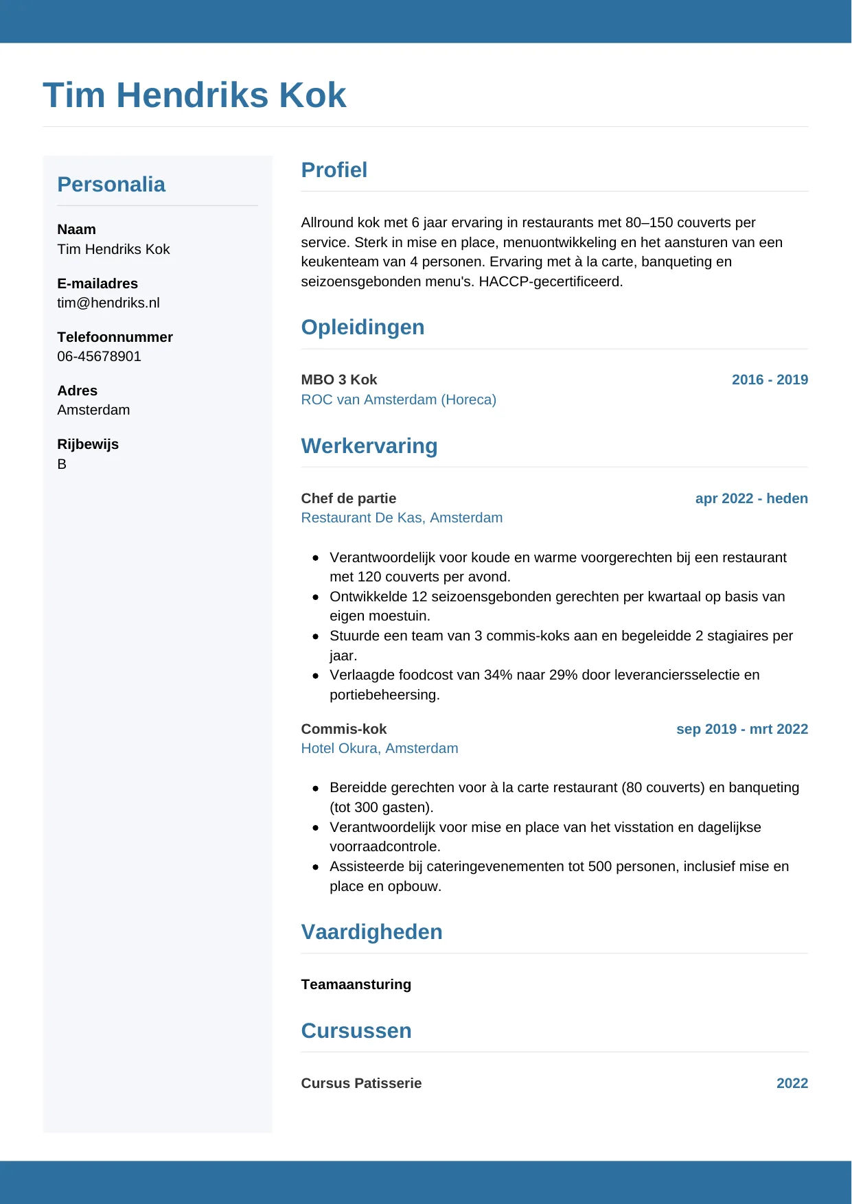 CV Horizontaal voor kok