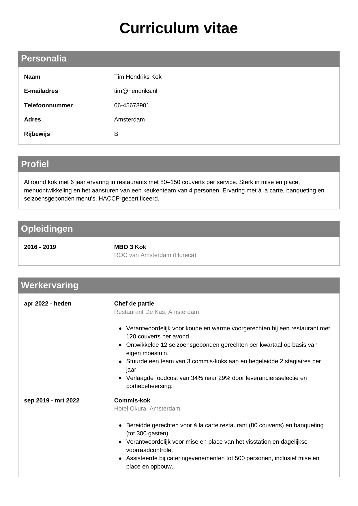 CV Klassiek voor kok