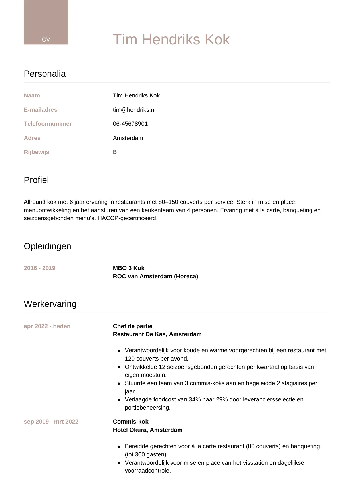 CV Luxe voor kok