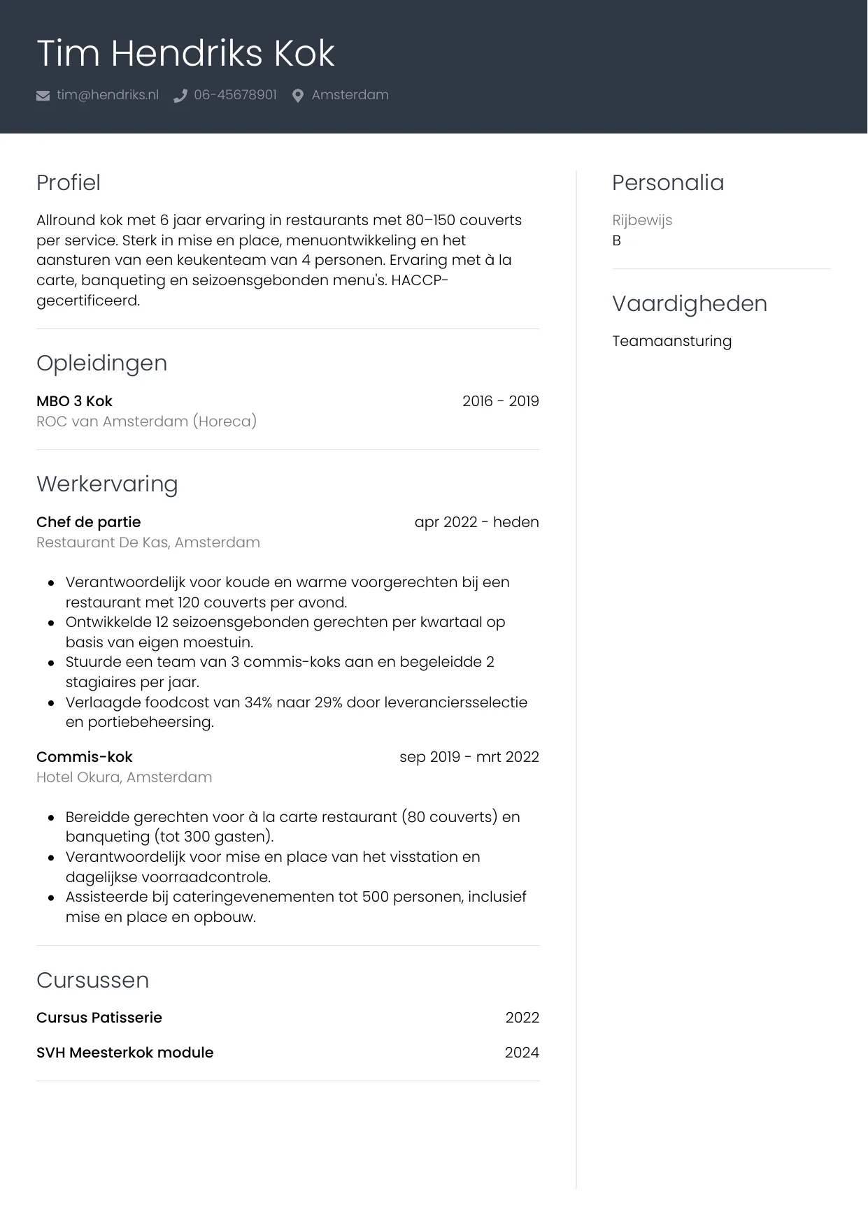 CV Professioneel voor kok
