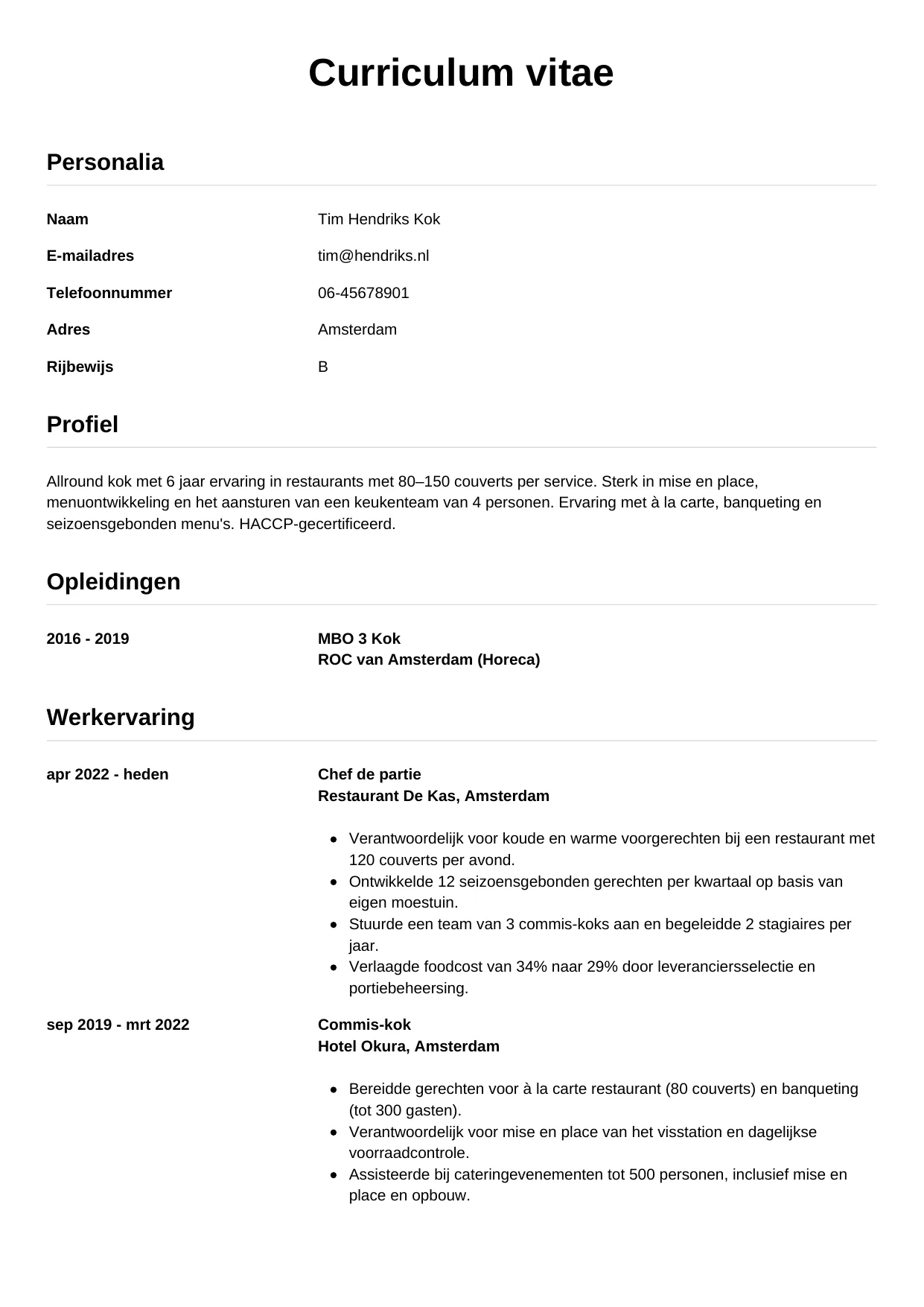 CV Simpel voor kok