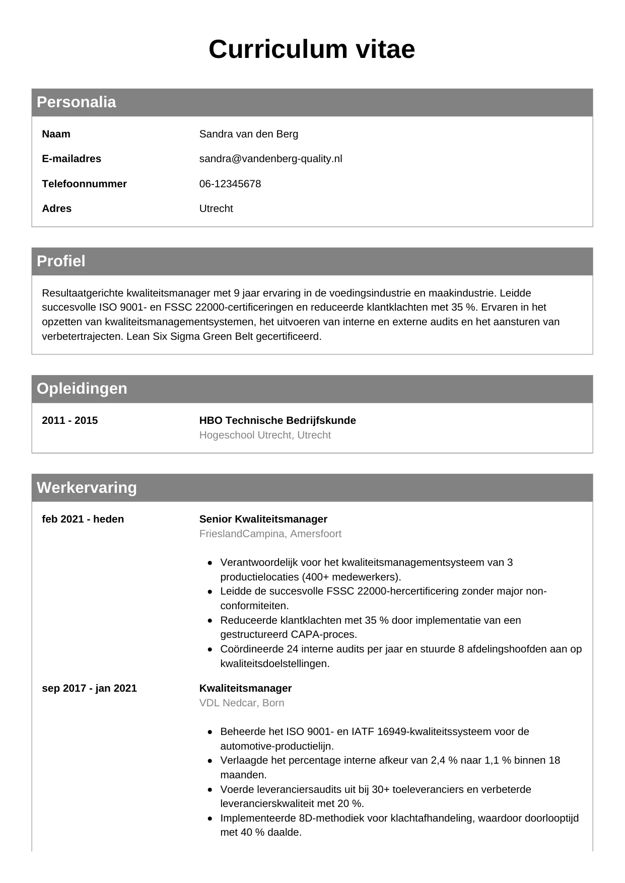 CV Klassiek voor kwaliteitsmanager
