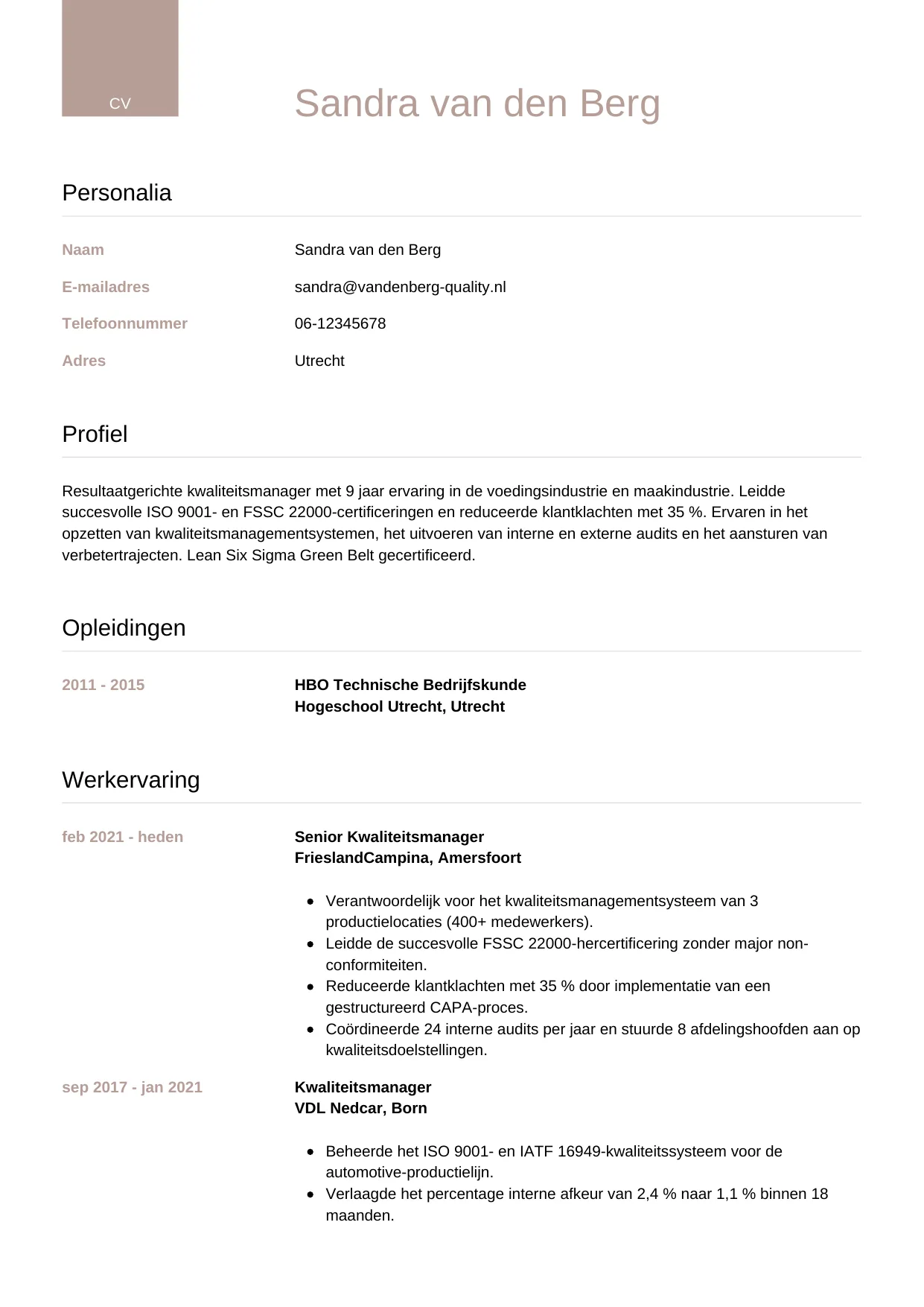 CV Luxe voor kwaliteitsmanager