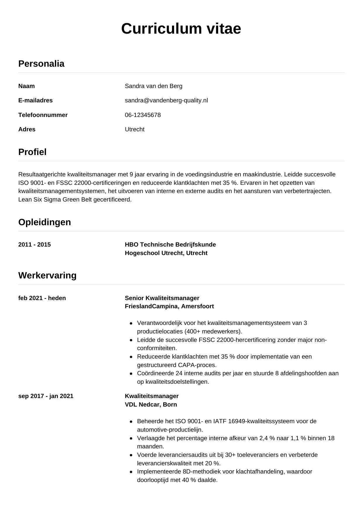 CV Simpel voor kwaliteitsmanager