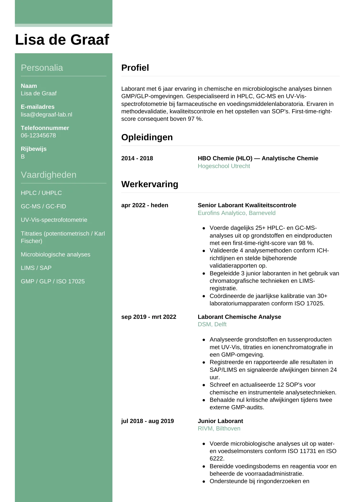 Voorbeeld CV voor laborant in template Casual. CV Casual voor laborant