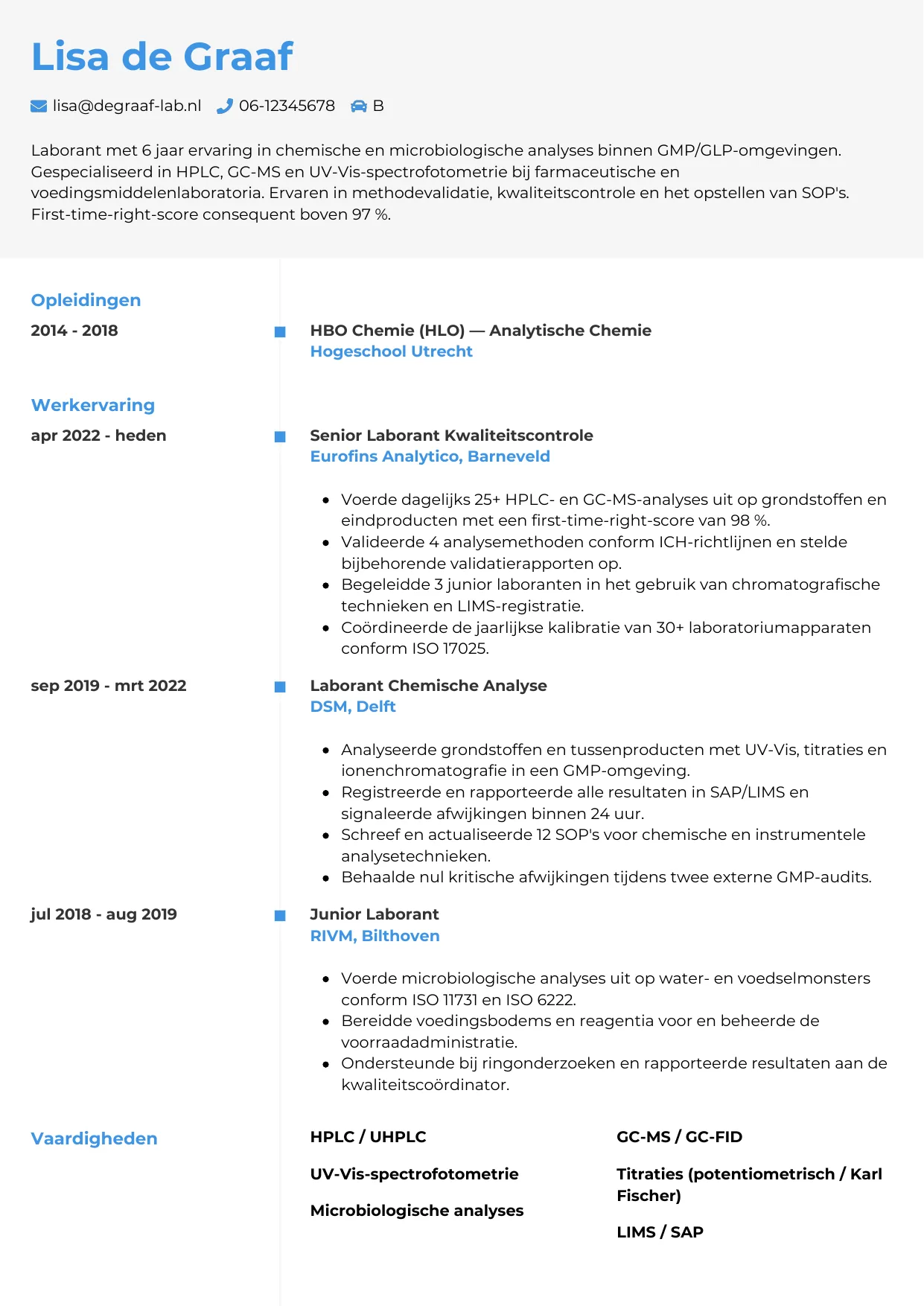 Voorbeeld CV voor laborant in template Chrono. CV Chrono voor laborant
