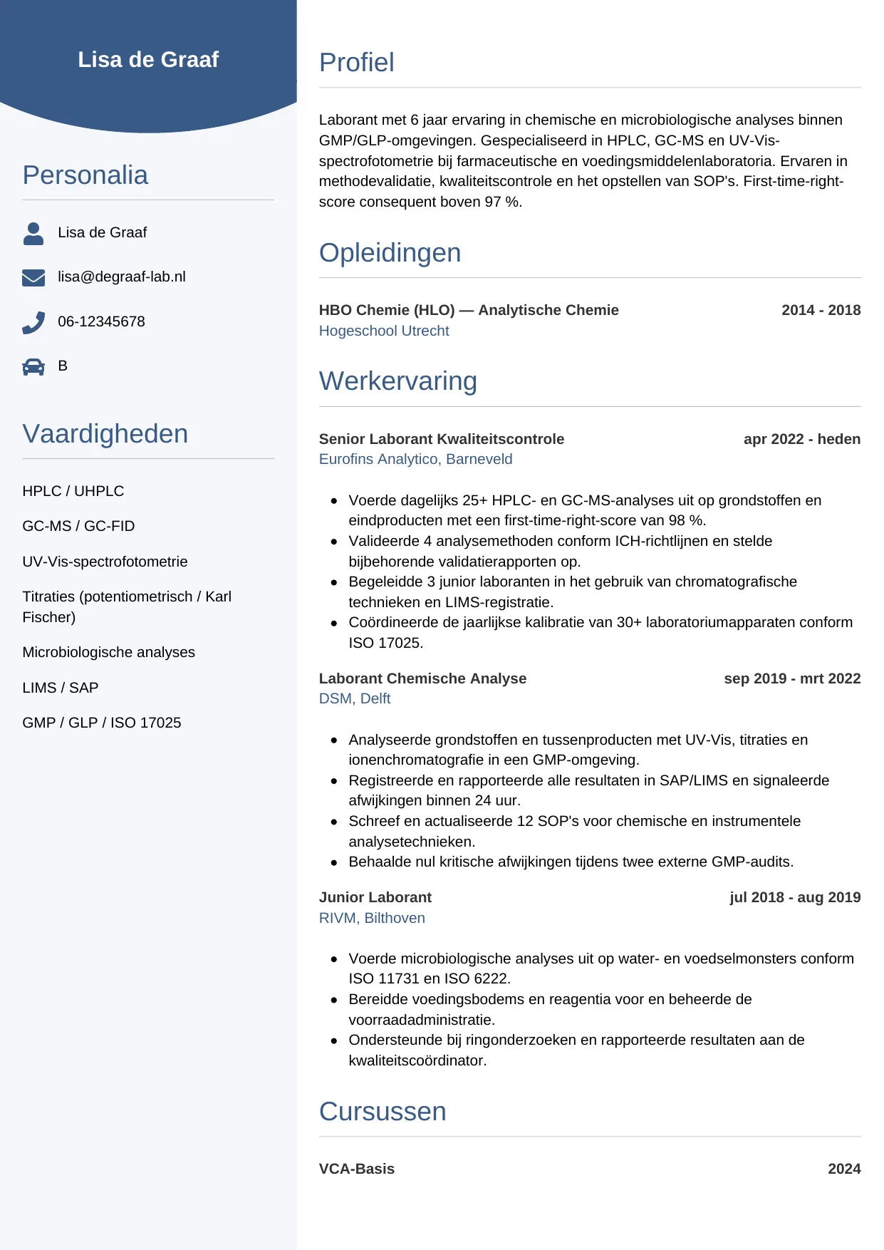 Voorbeeld CV voor laborant in template Circulair. CV Circulair voor laborant