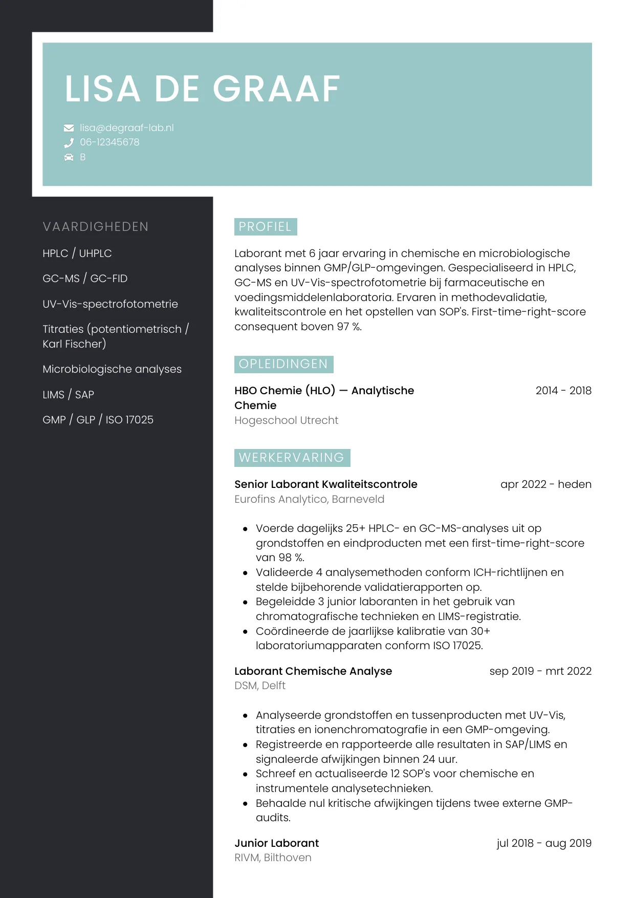 Voorbeeld CV voor laborant in template Elegant. CV Elegant voor laborant