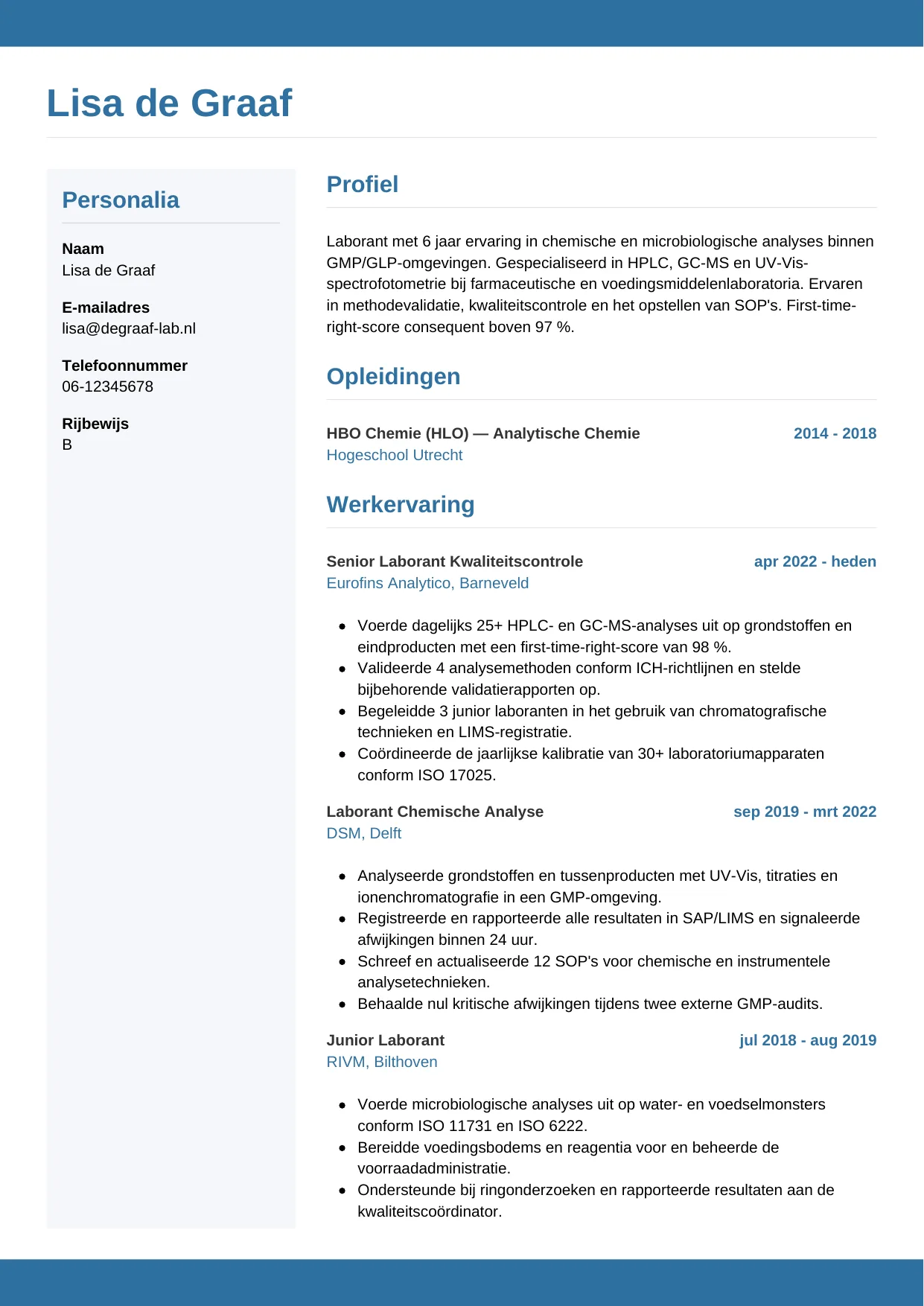 Voorbeeld CV voor laborant in template Horizontaal. CV Horizontaal voor laborant