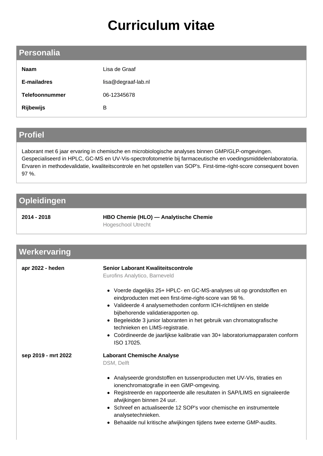 Voorbeeld CV voor laborant in template Klassiek. CV Klassiek voor laborant