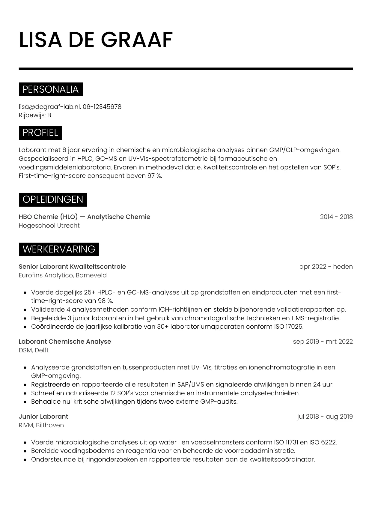 Voorbeeld CV voor laborant in template Metro. CV Metro voor laborant