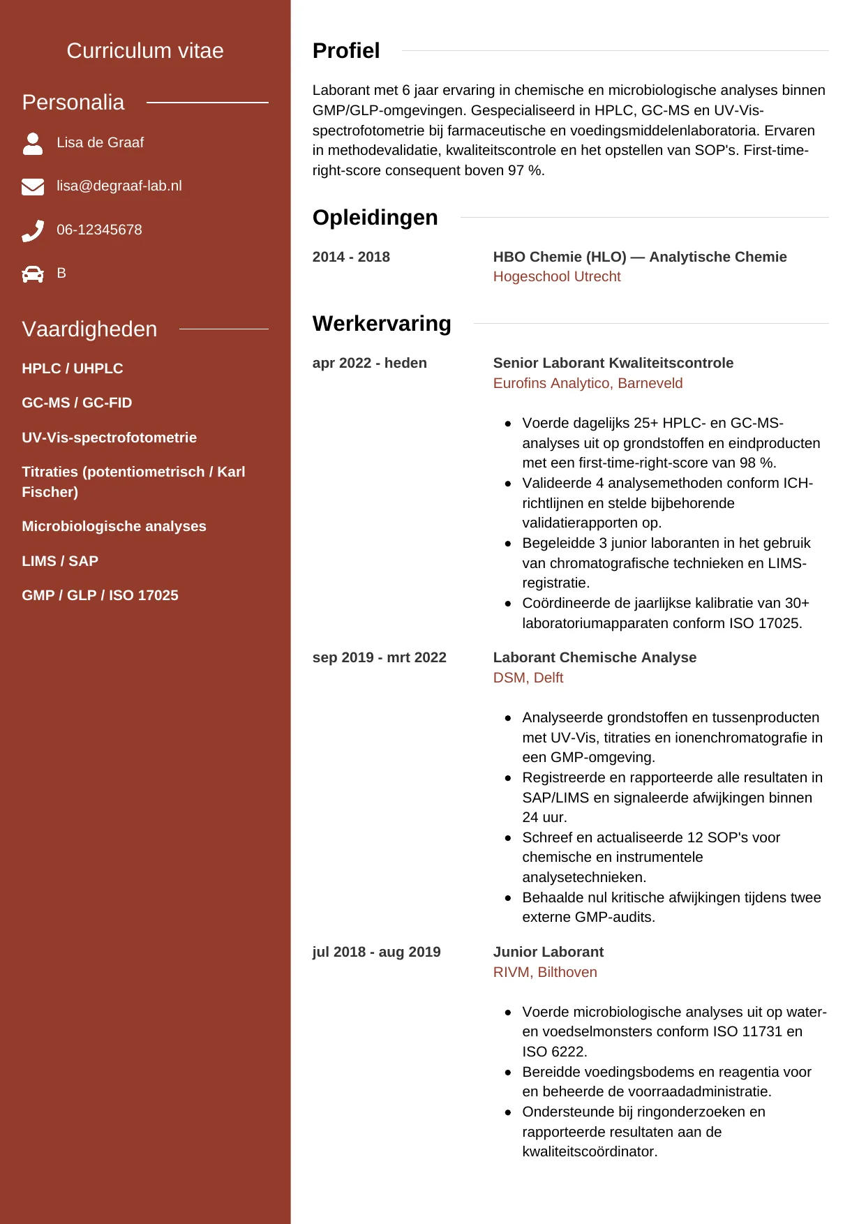 Voorbeeld CV voor laborant in template Modern. CV Modern voor laborant