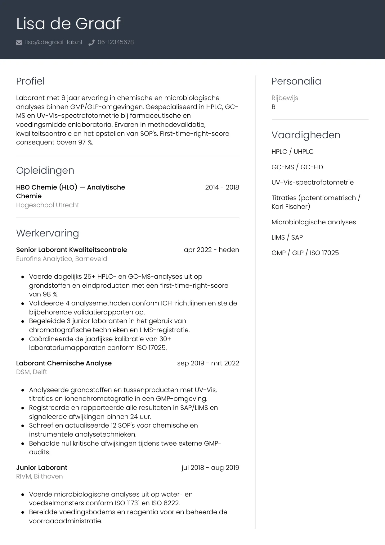 Voorbeeld CV voor laborant in template Professioneel. CV Professioneel voor laborant