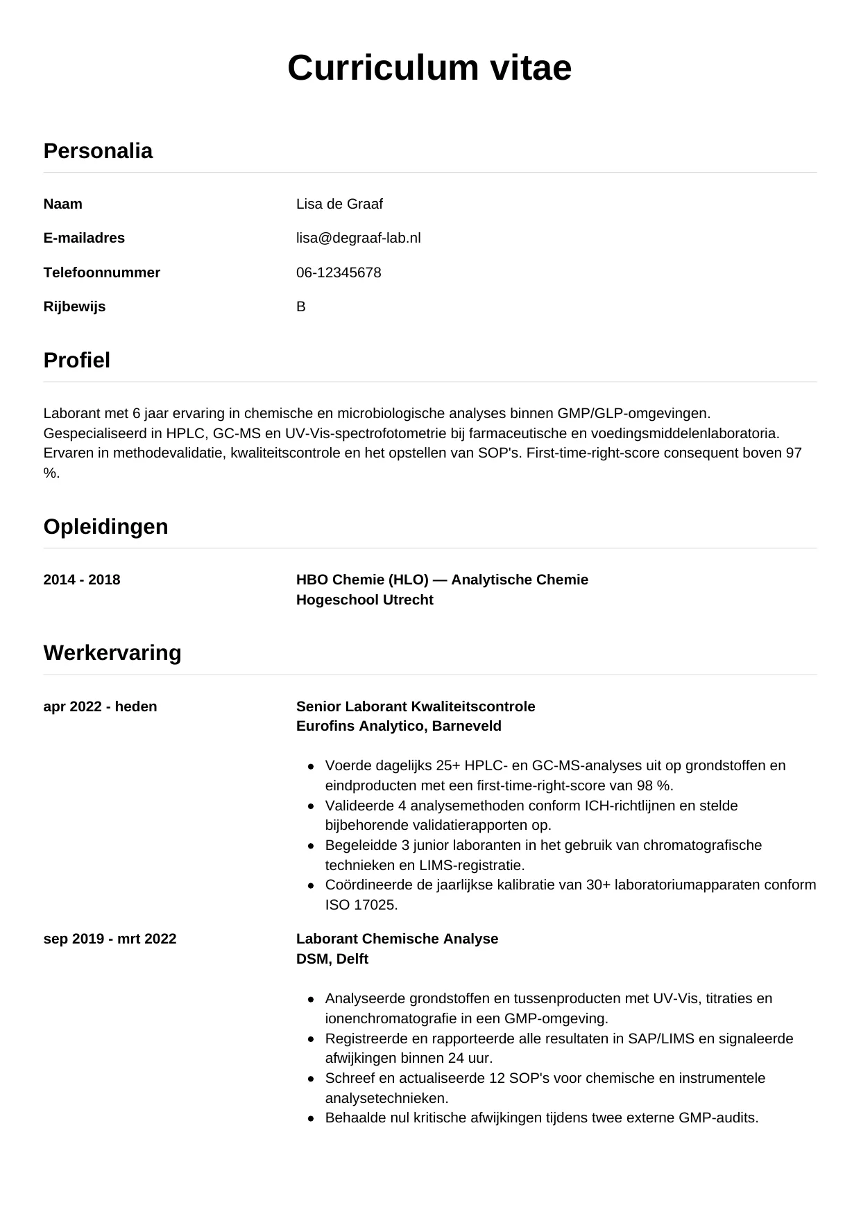 Voorbeeld CV voor laborant in template Simpel. CV Simpel voor laborant