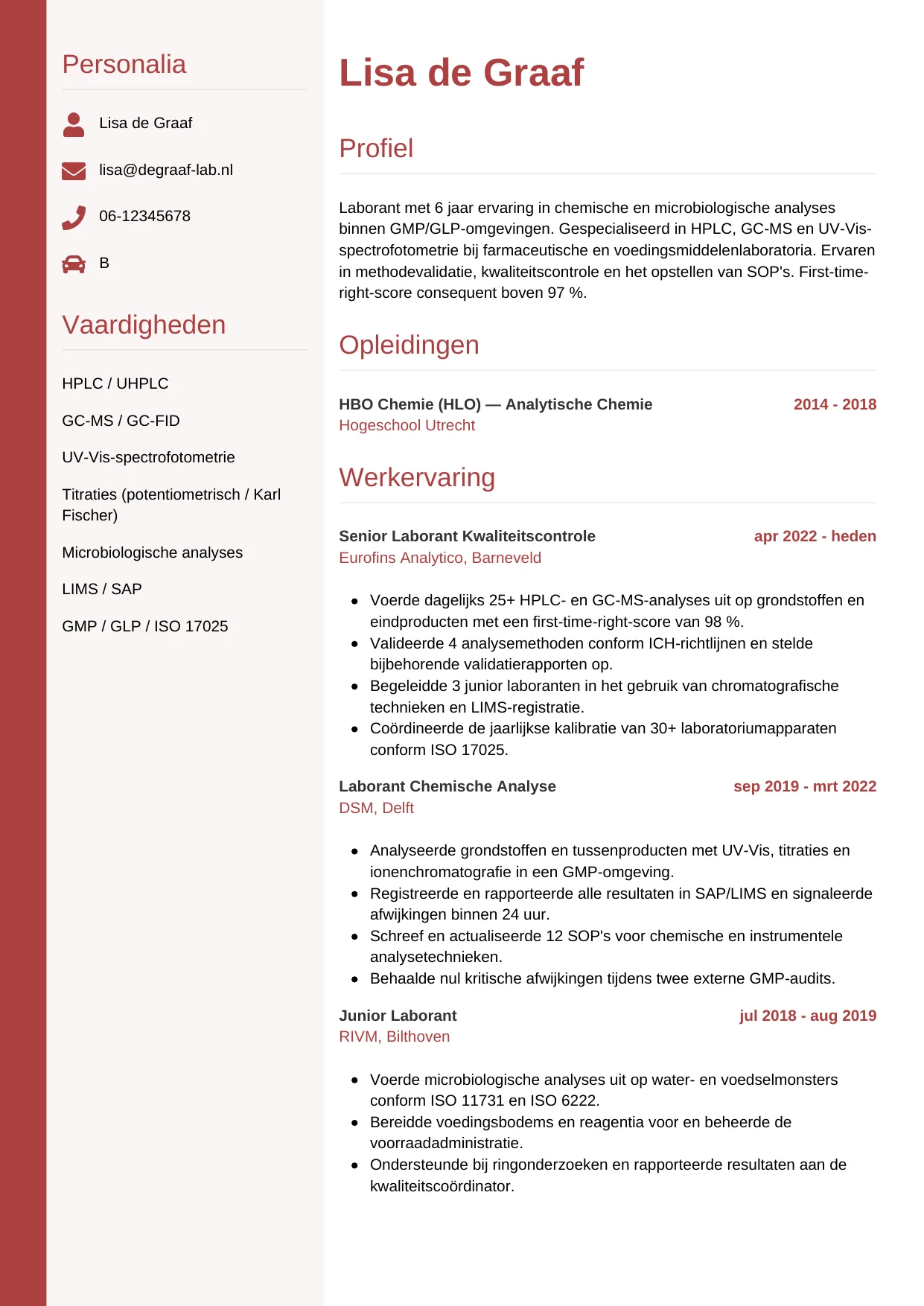 Voorbeeld CV voor laborant in template Verticaal. CV Verticaal voor laborant