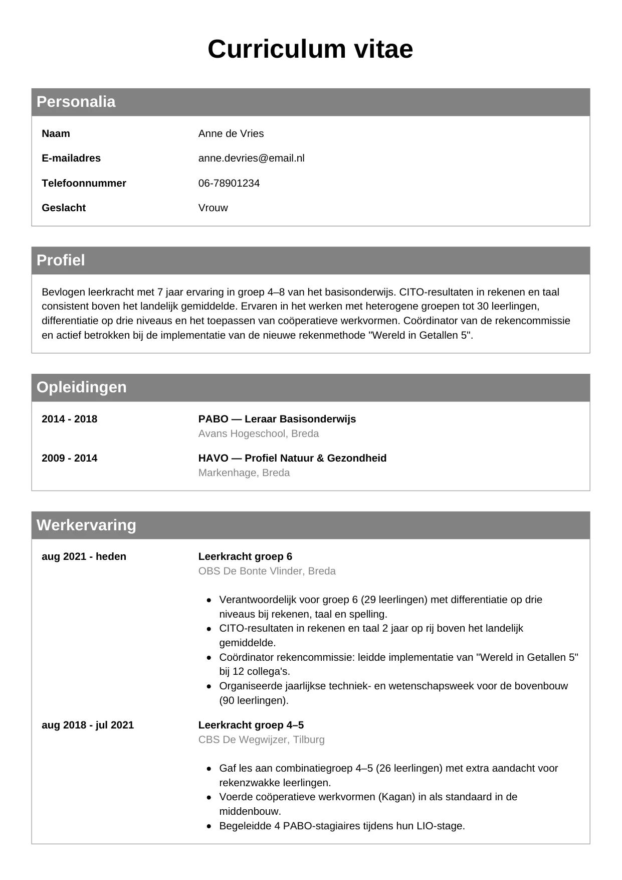 CV Klassiek voor leerkracht