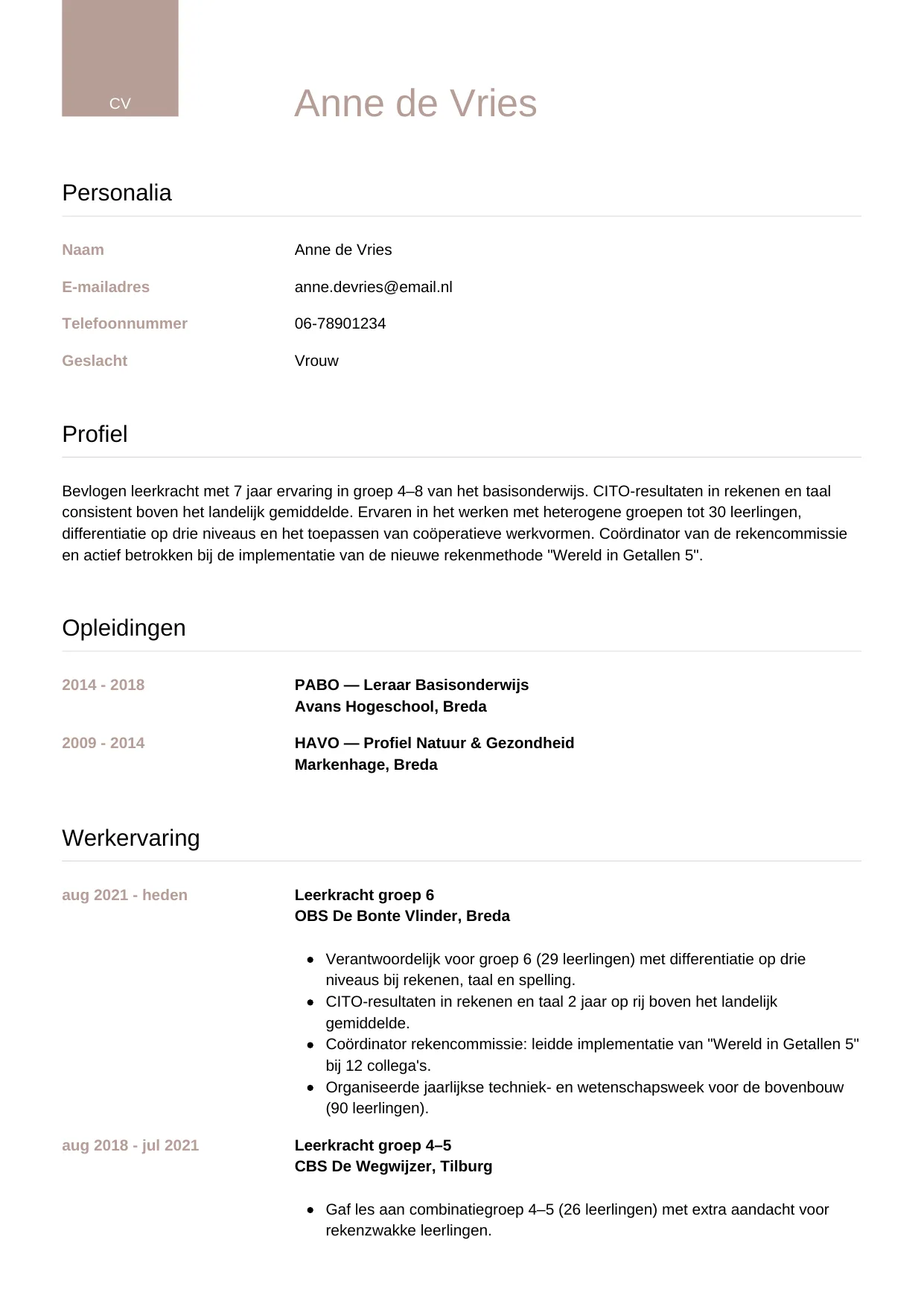 CV Luxe voor leerkracht