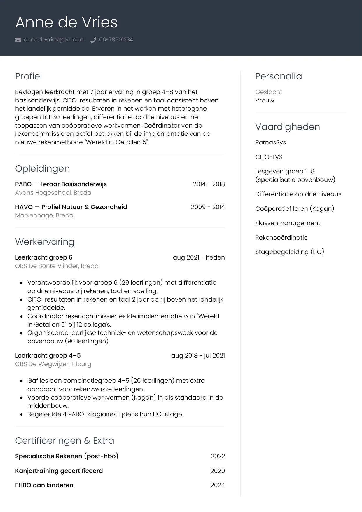 CV Professioneel voor leerkracht