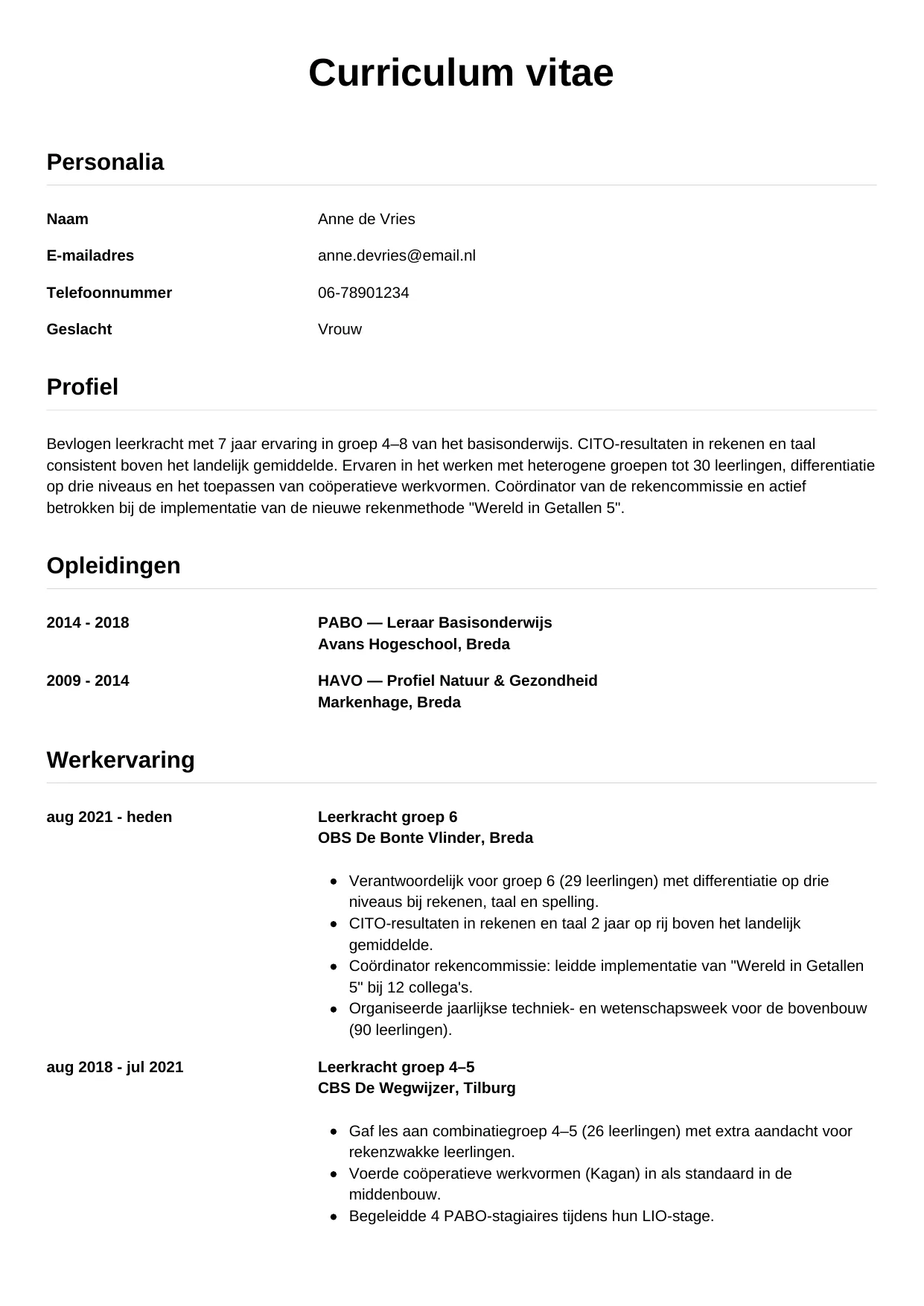 CV Simpel voor leerkracht