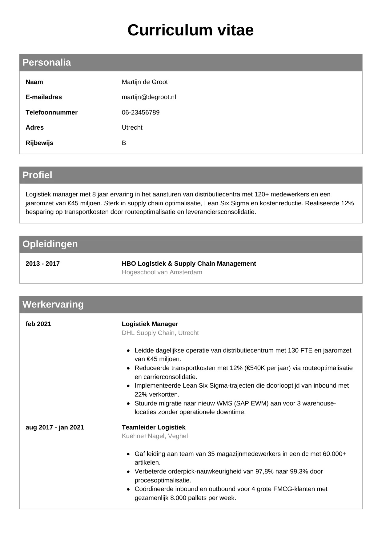 CV Klassiek voor logistiek manager