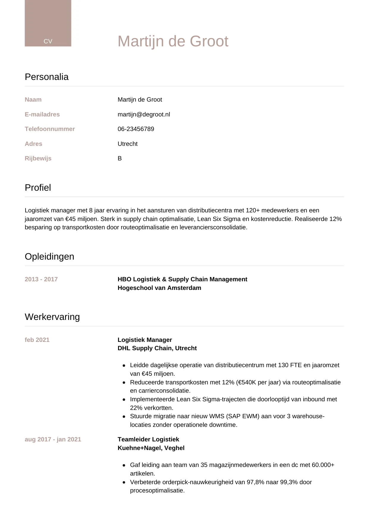 CV Luxe voor logistiek manager