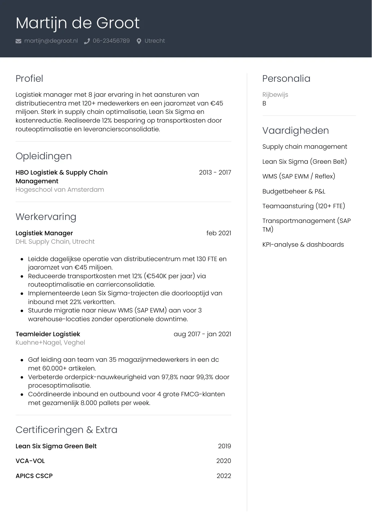 CV Professioneel voor logistiek manager