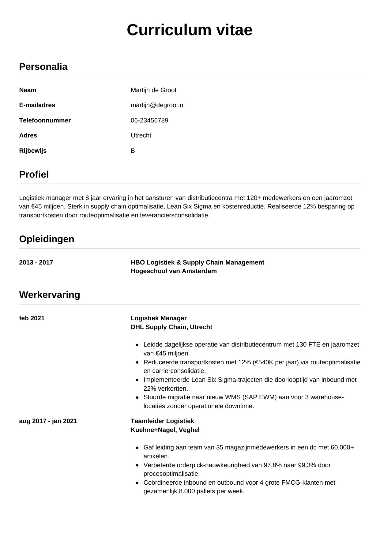 CV Simpel voor logistiek manager