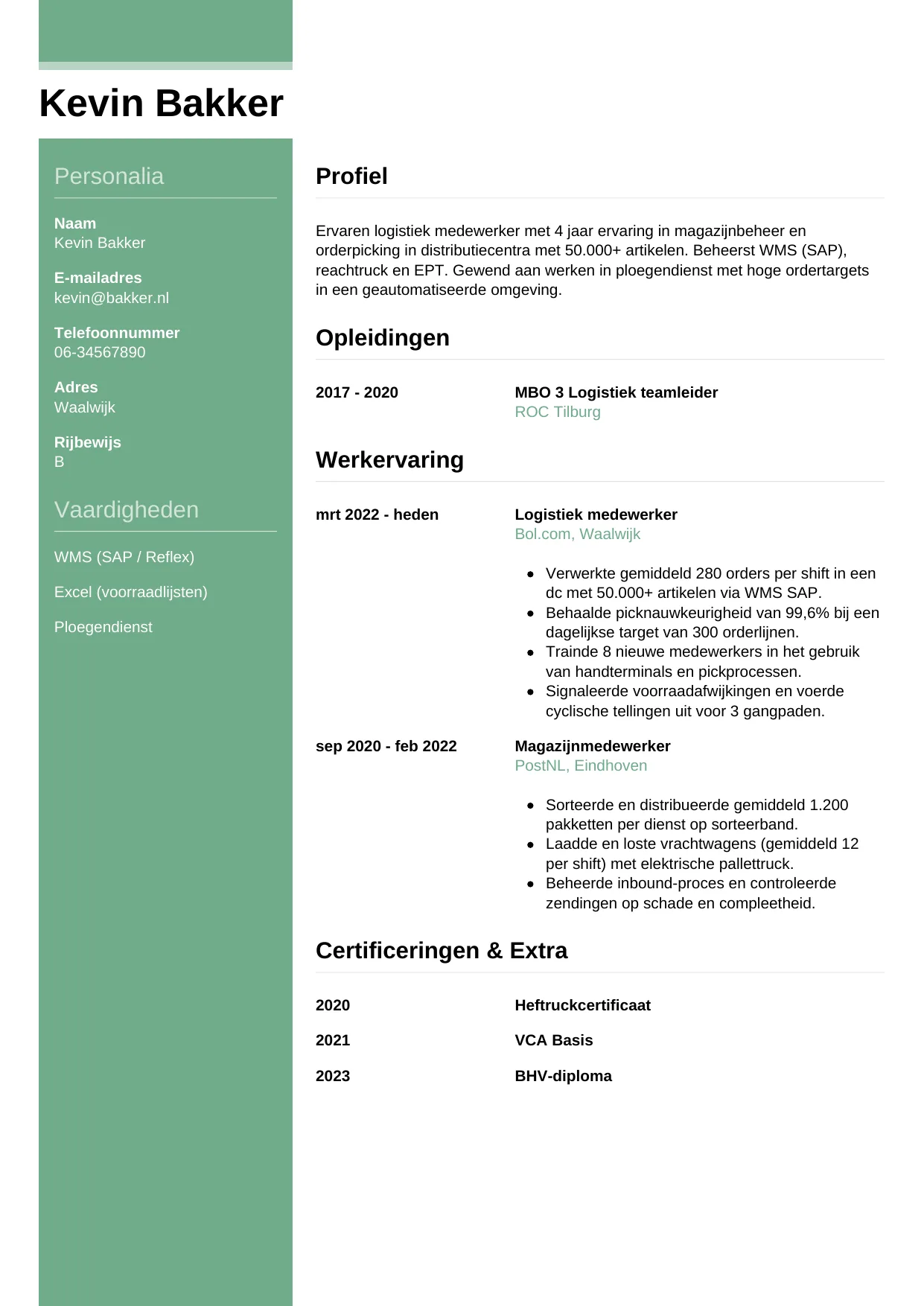 CV Casual voor logistiek medewerker