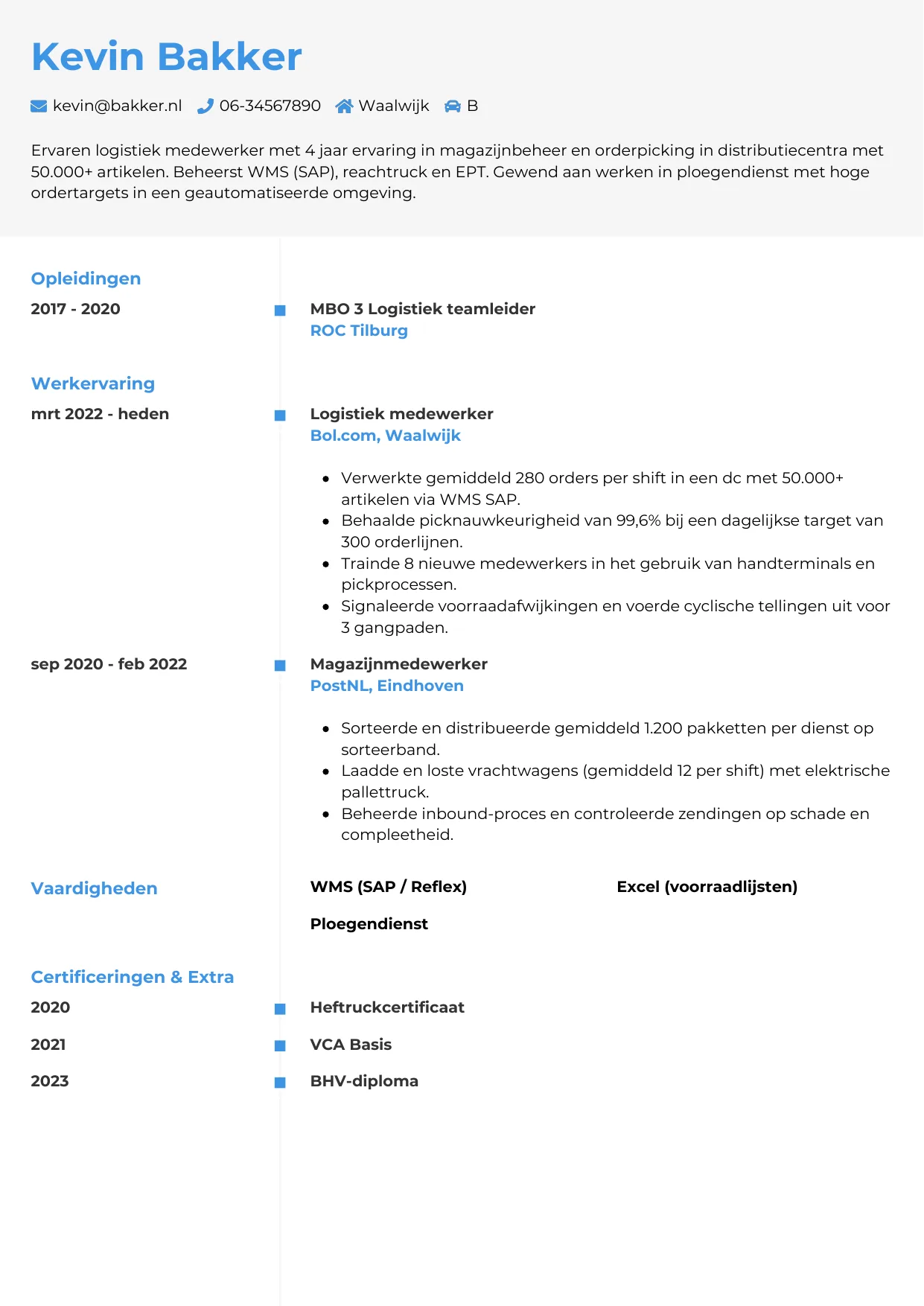 CV Chrono voor logistiek medewerker