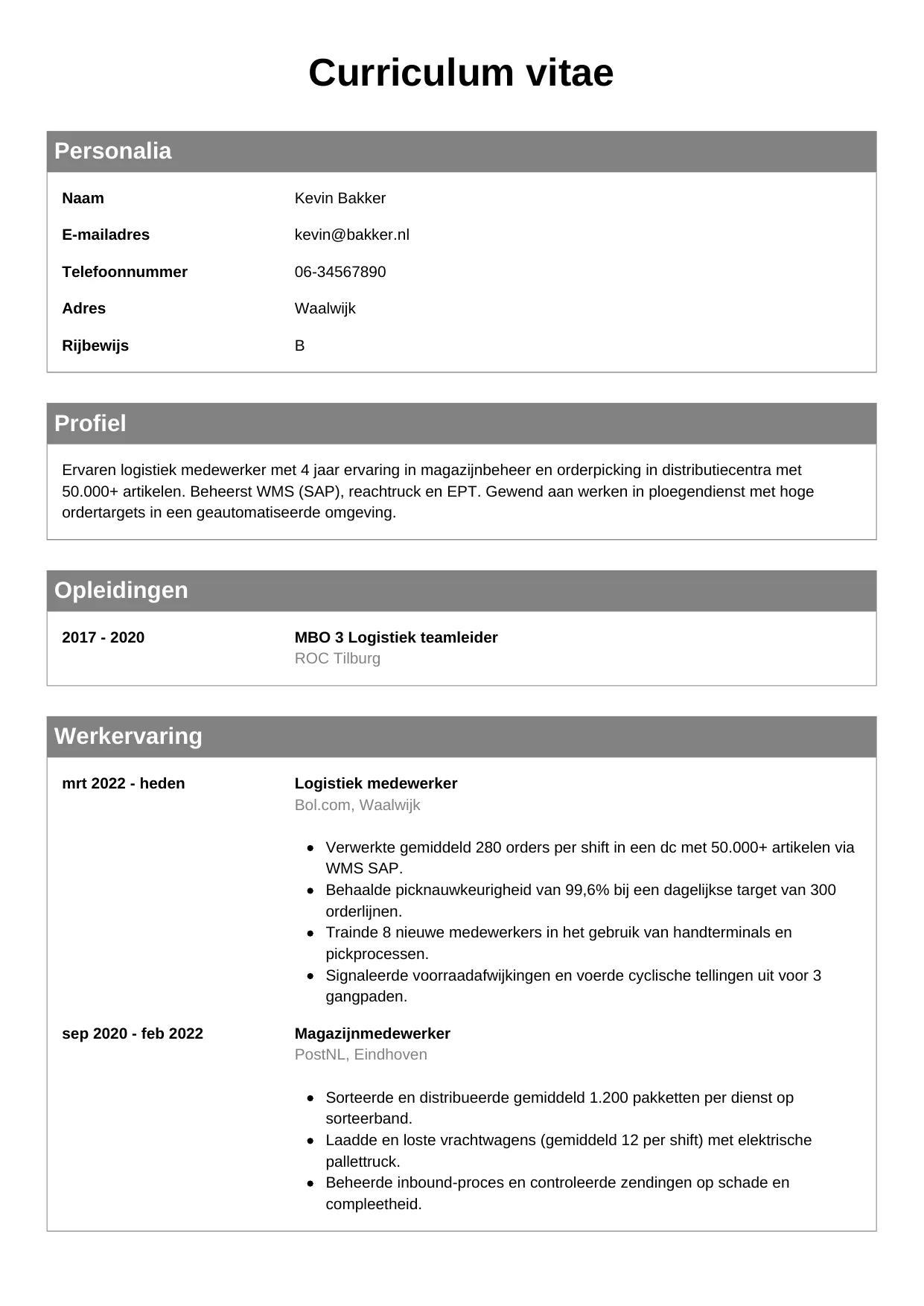 CV Klassiek voor logistiek medewerker