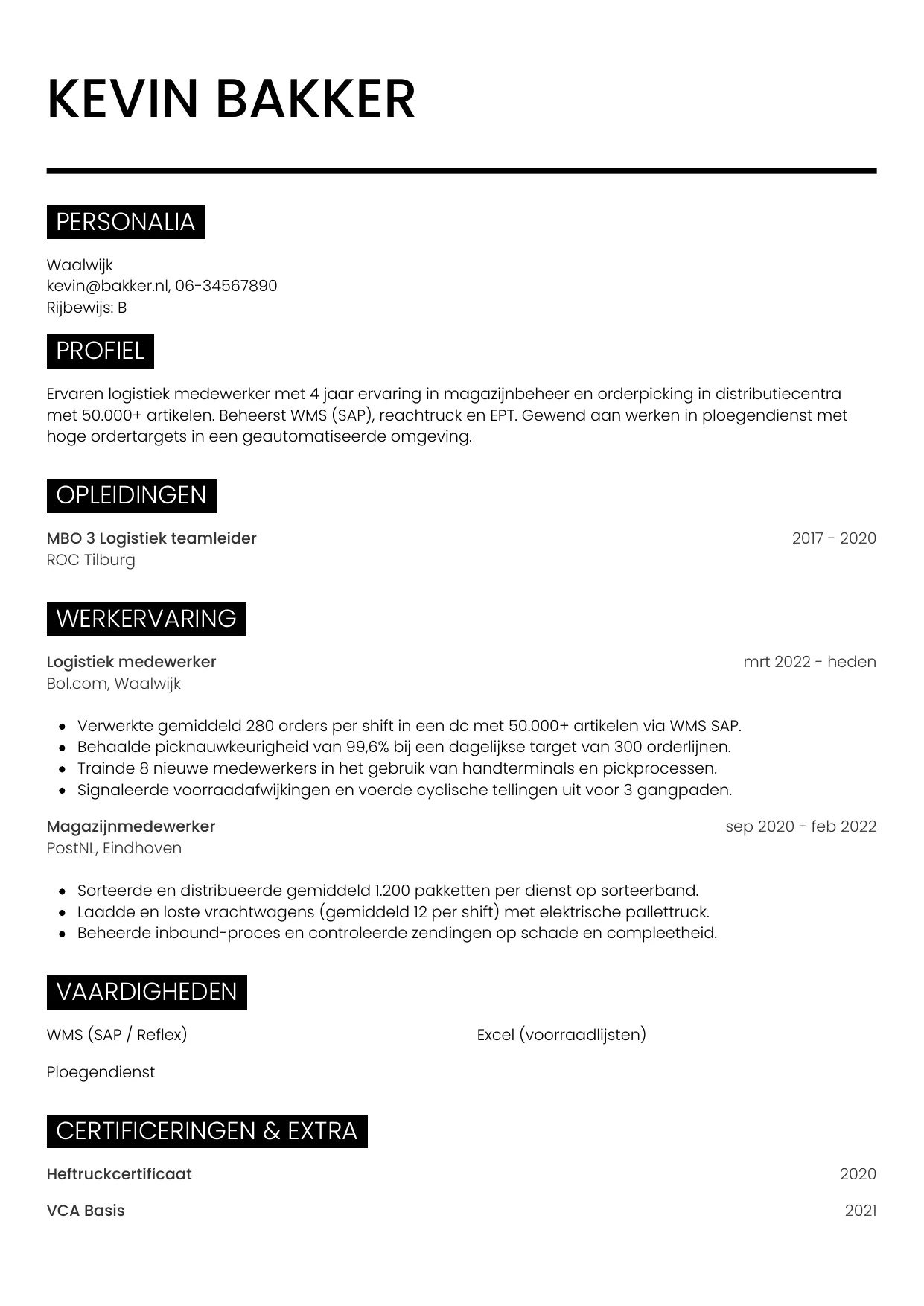 CV Metro voor logistiek medewerker