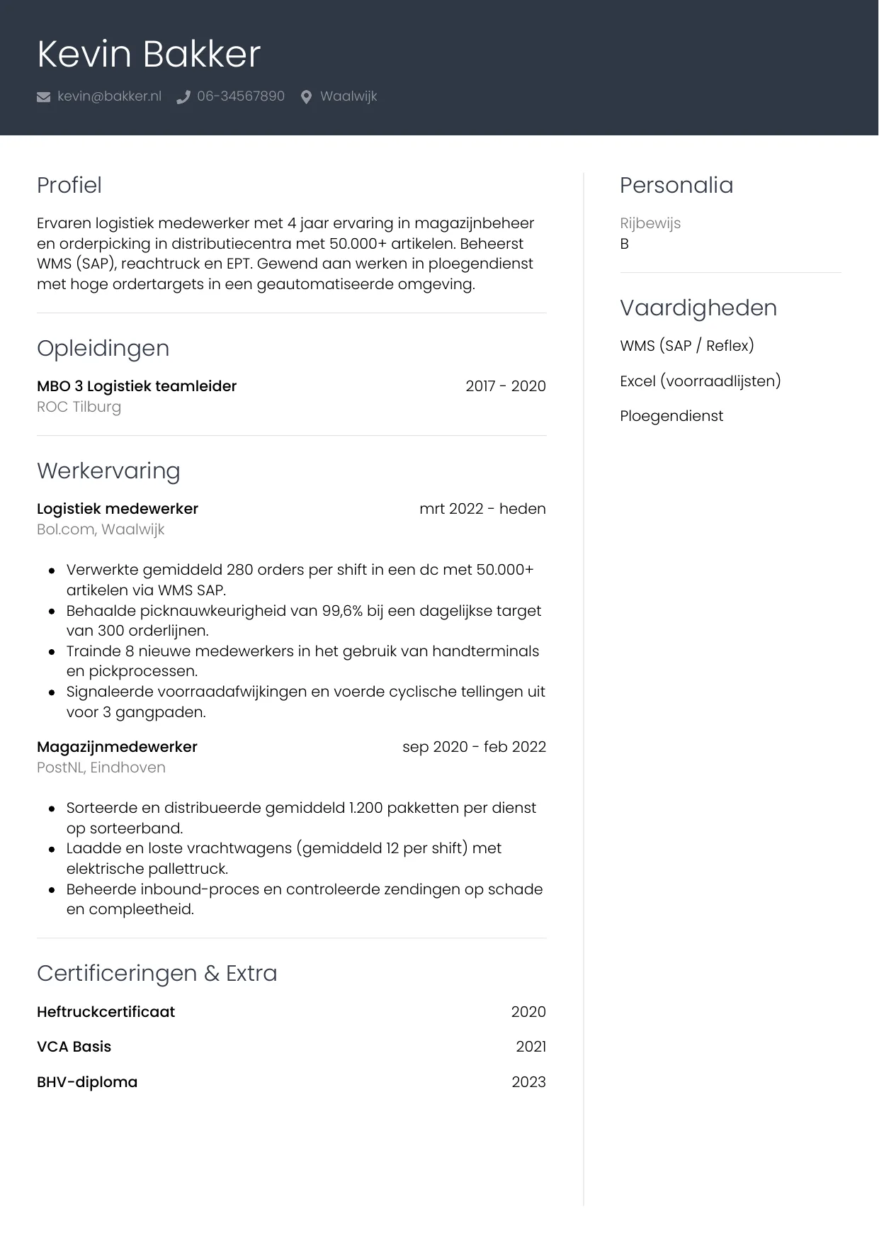 CV Professioneel voor logistiek medewerker