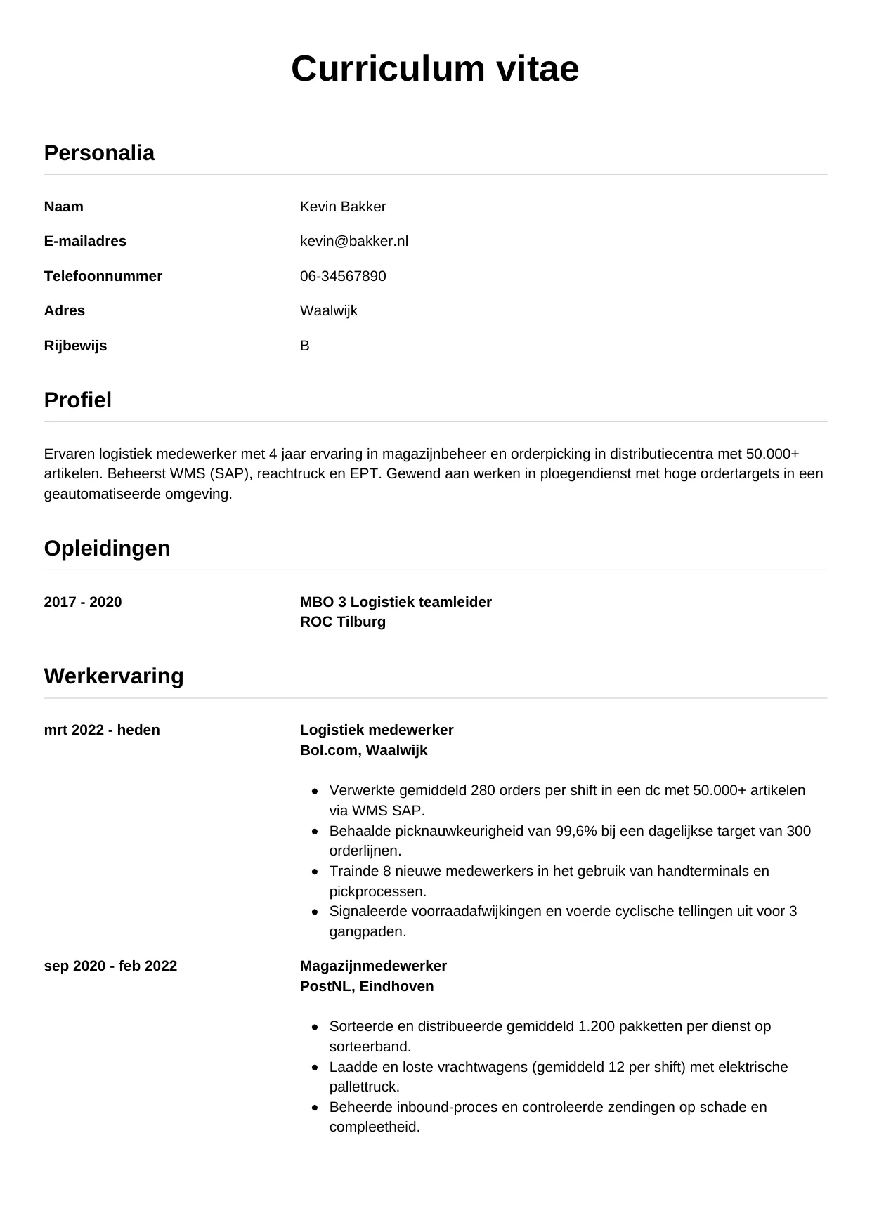 CV Simpel voor logistiek medewerker