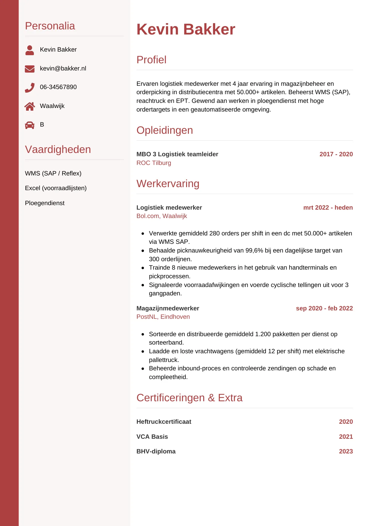 CV Verticaal voor logistiek medewerker
