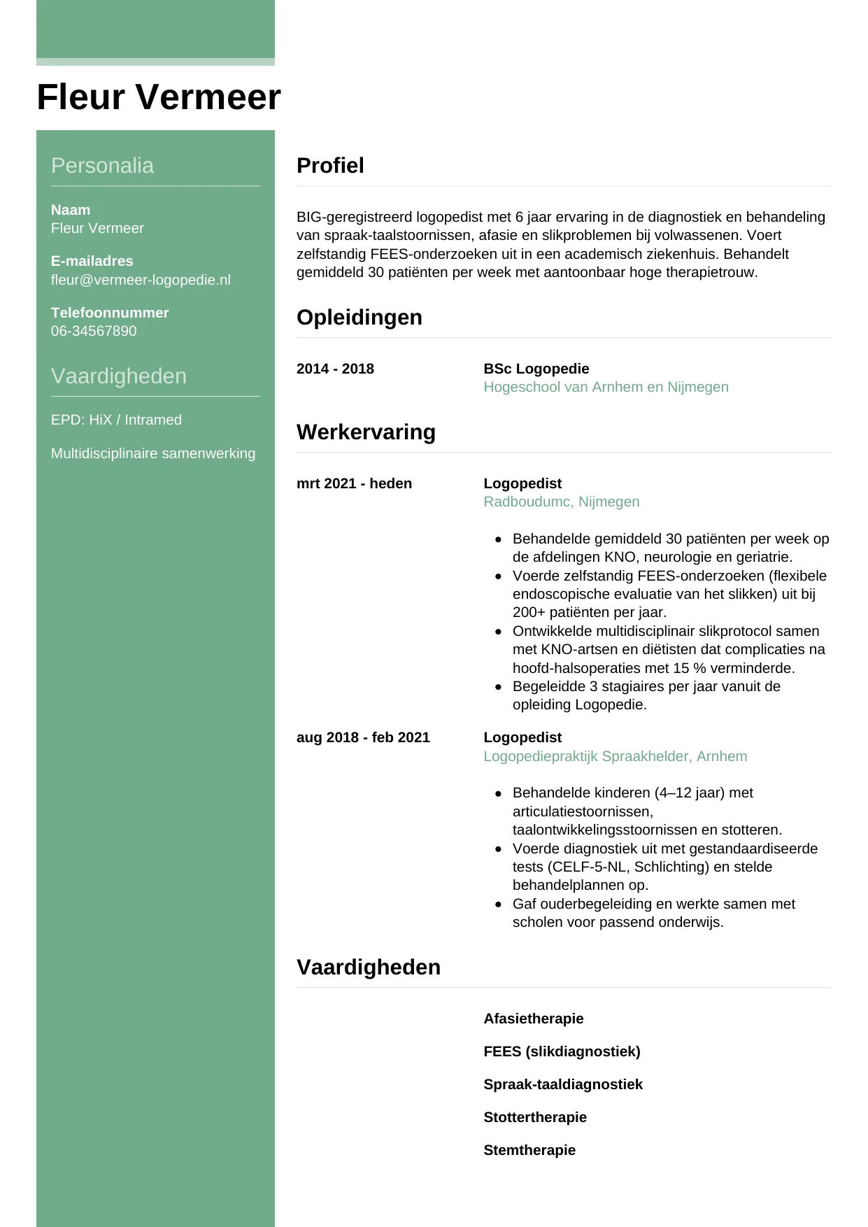 Voorbeeld CV voor logopedist in template Casual. CV Casual voor logopedist