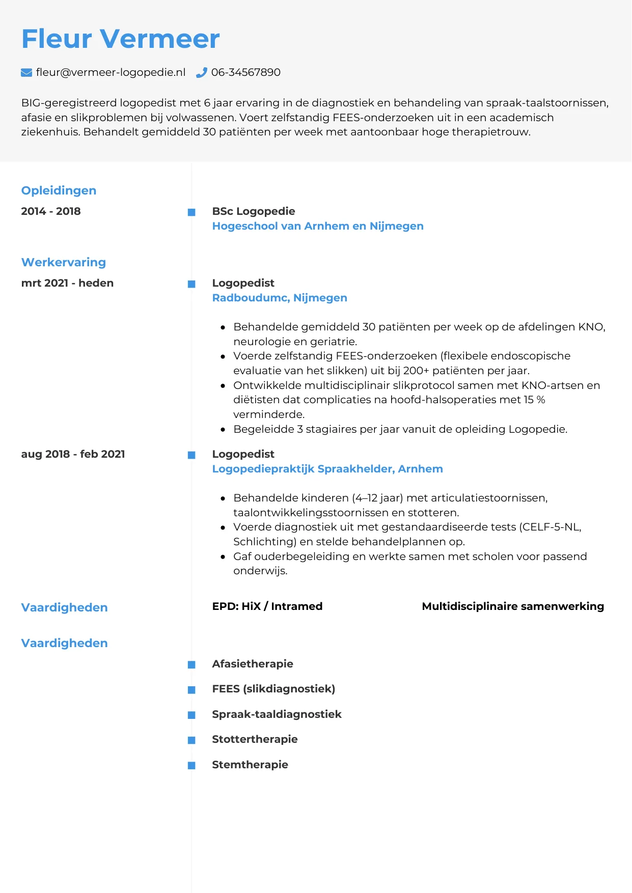 Voorbeeld CV voor logopedist in template Chrono. CV Chrono voor logopedist